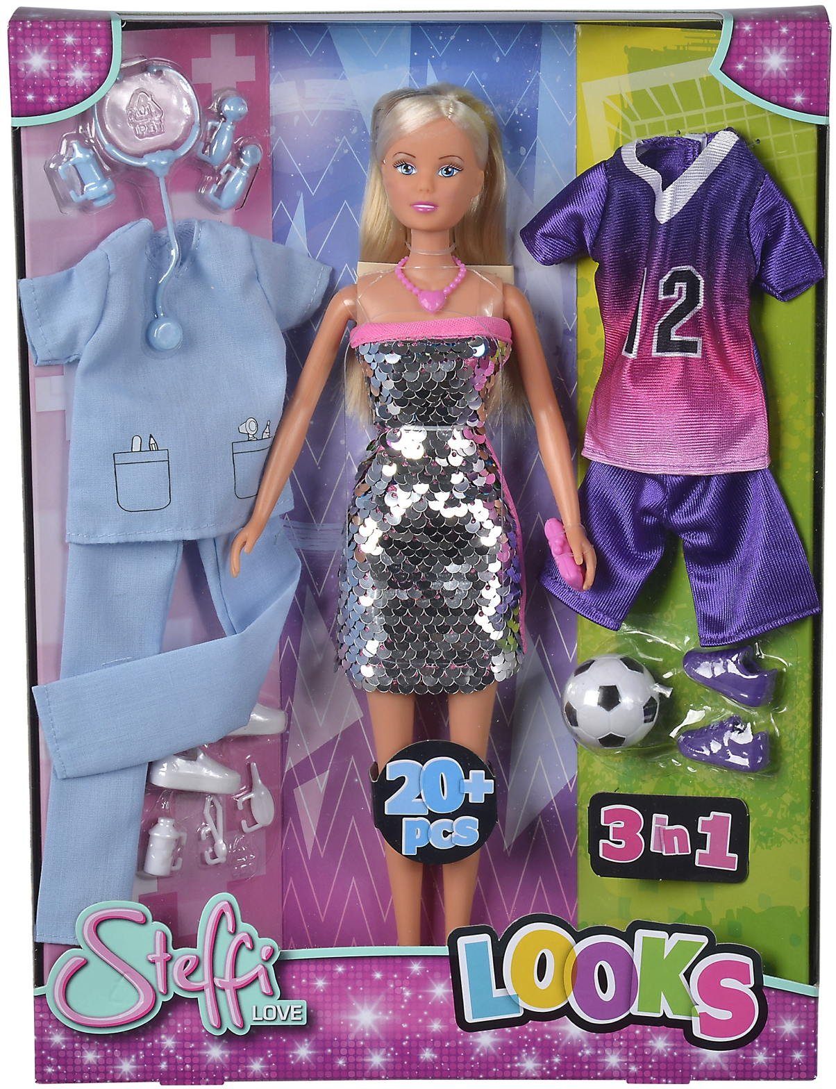 SIMBA Anziehpuppe Puppe Steffi Love Looks 3 Outfits Kleid, Arzt, Fußballoutfit 105733581