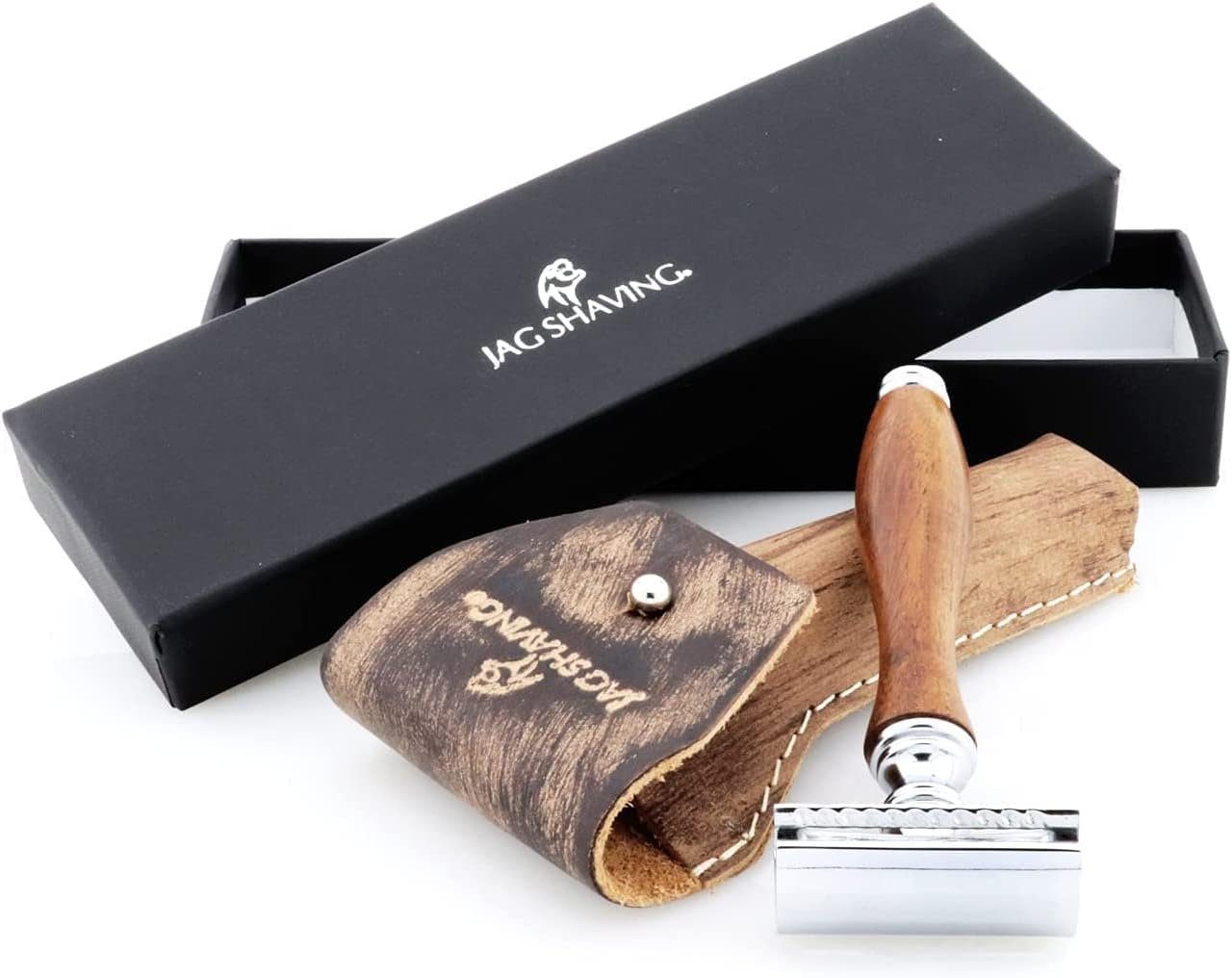 Rasierhobel - Leather Razor Razor Double Wooden 1-tlg. Safety Edge Case, JAG Blades SHAVING