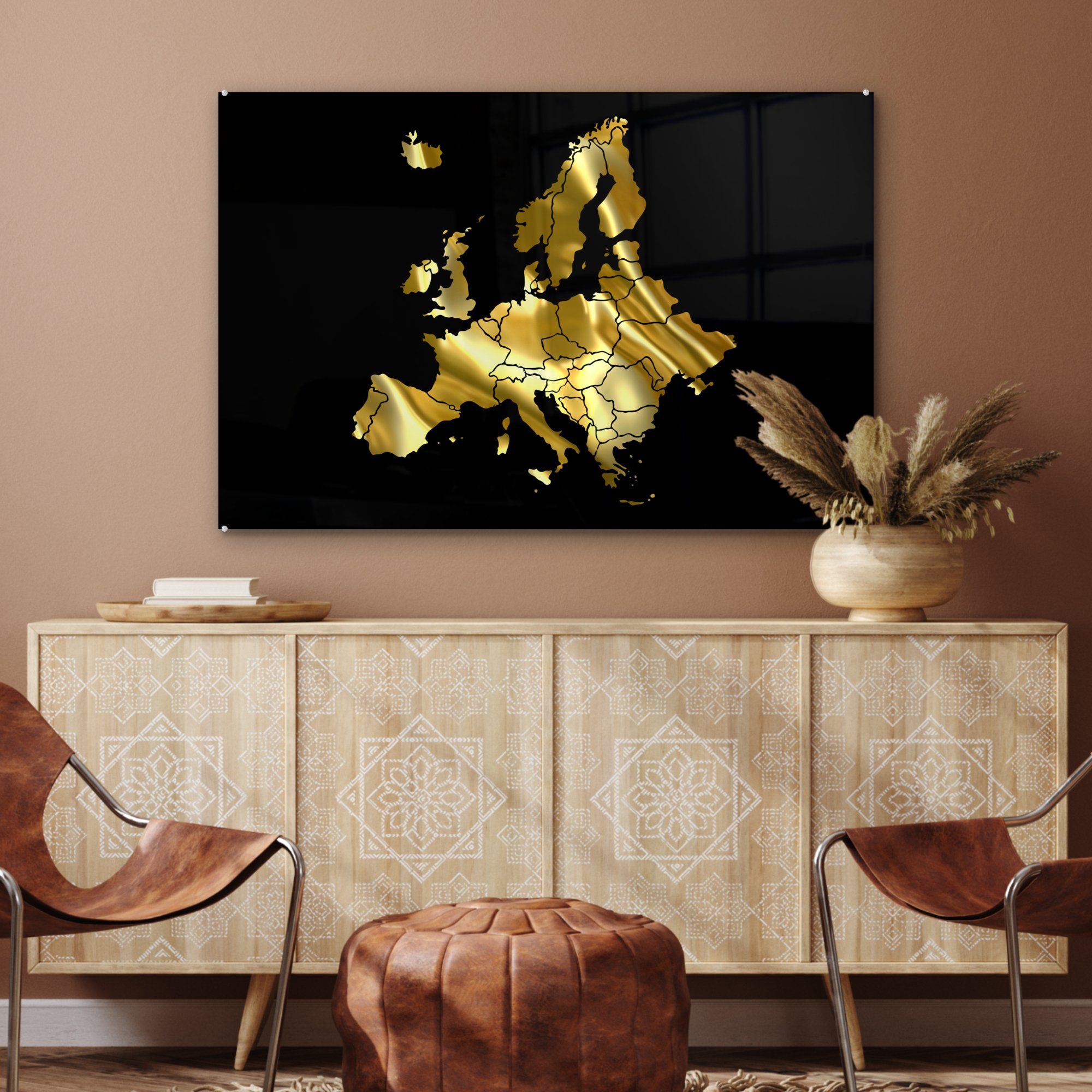 MuchoWow Karte Gold, von Wohnzimmer & St), (1 Acrylglasbilder Schlafzimmer Europa - Acrylglasbild