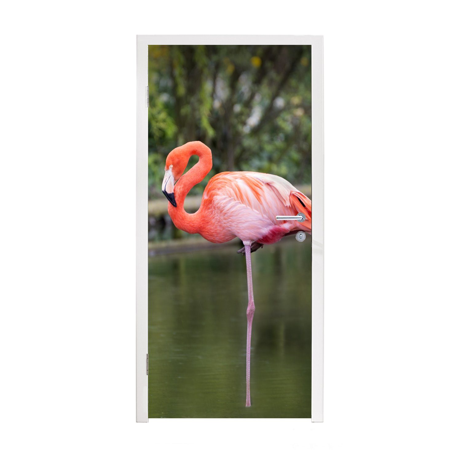 MuchoWow Türtapete im Fototapete Matt, einem Bein Flamingo Türaufkleber, Ein St), cm (1 Wasser, für Tür, auf steht bedruckt, 75x205