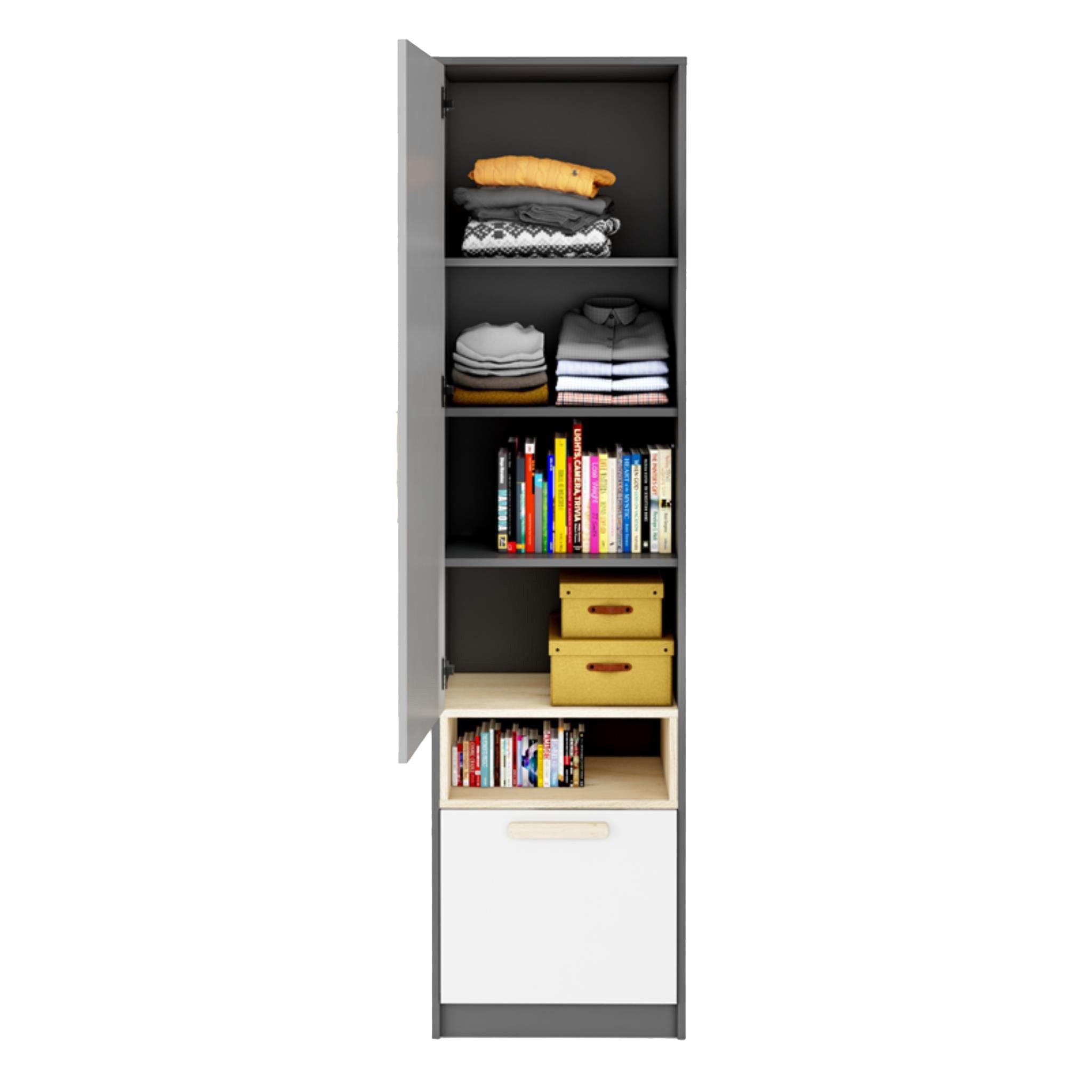 Beautysofa Hochschrank Pok (praktische Schrank für Jugendzimmer) Bücherregal mit Schublade, 50x193x40 cm (BxHxL) Hochschrank
