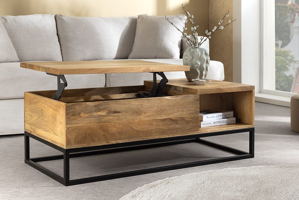 riess-ambiente Couchtisch MAKASSAR FUNCTION 110cm beige – höhenverstellbar, Massivholz, Metall (Einzelartikel, 1-St), Sofatisch mit Liftfunktion – ideal für multifunktionale Wohnzimmer