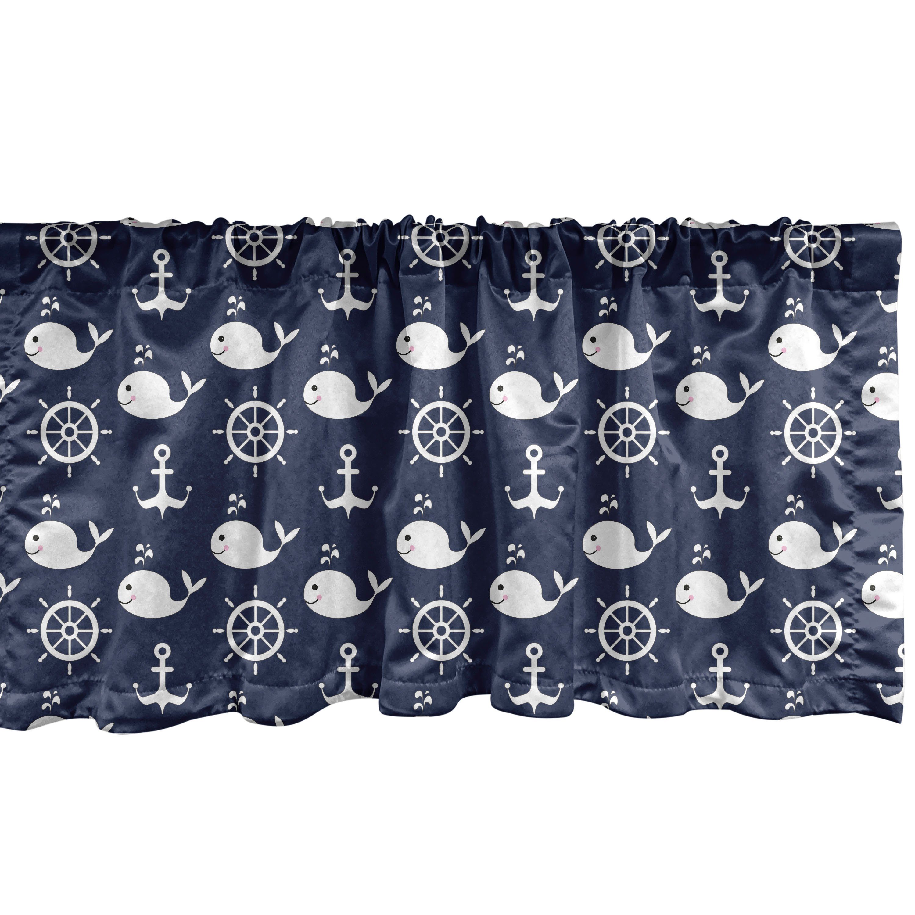 Scheibengardine Vorhang Volant für Küche Schlafzimmer Dekor mit Stangentasche, Abakuhaus, Microfaser, Navy blau Maritime Anchor Wal
