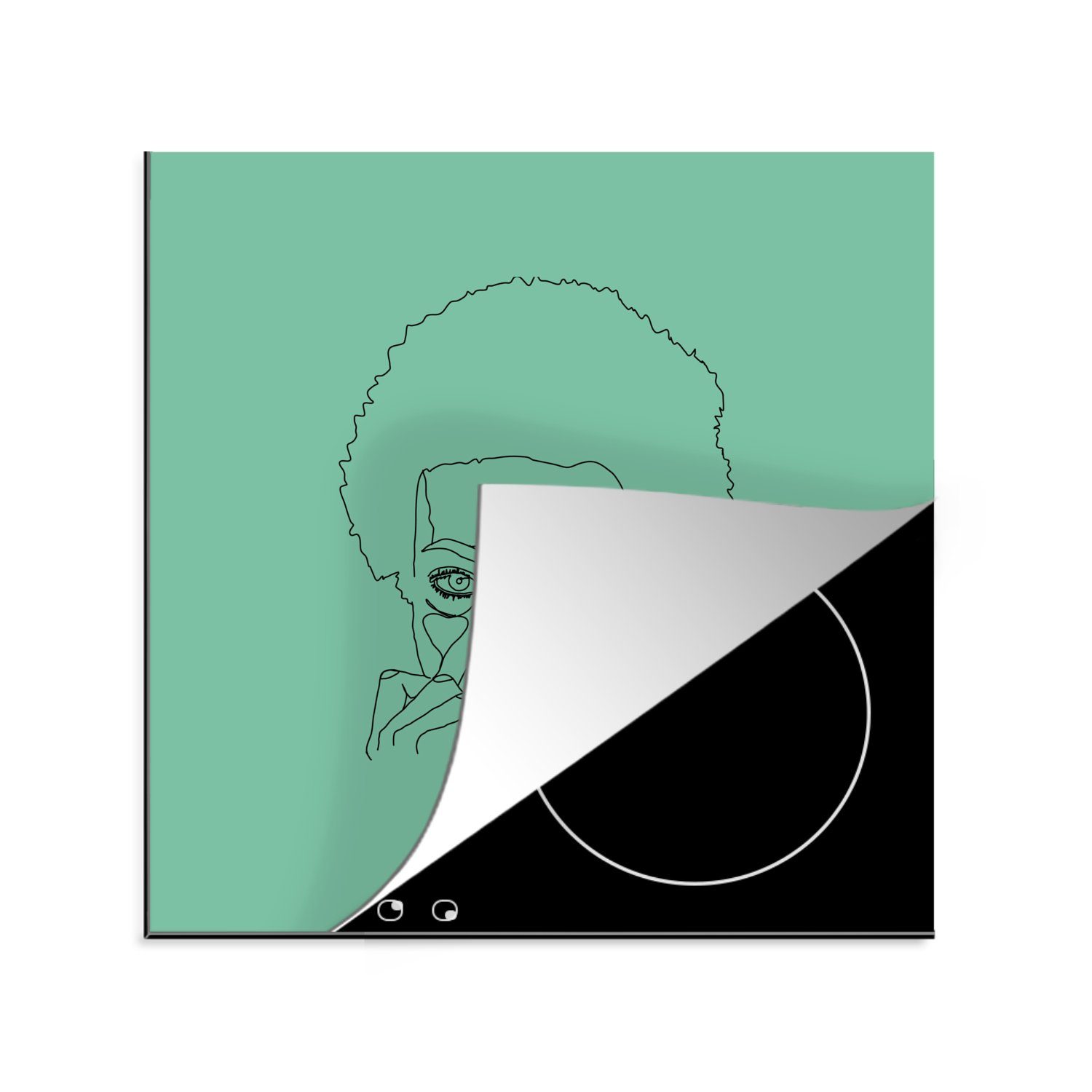 MuchoWow Herdblende-/Abdeckplatte Frau - Gesicht - Strichzeichnung - Grün, Vinyl, (1 tlg), 78x78 cm, Ceranfeldabdeckung, Arbeitsplatte für küche