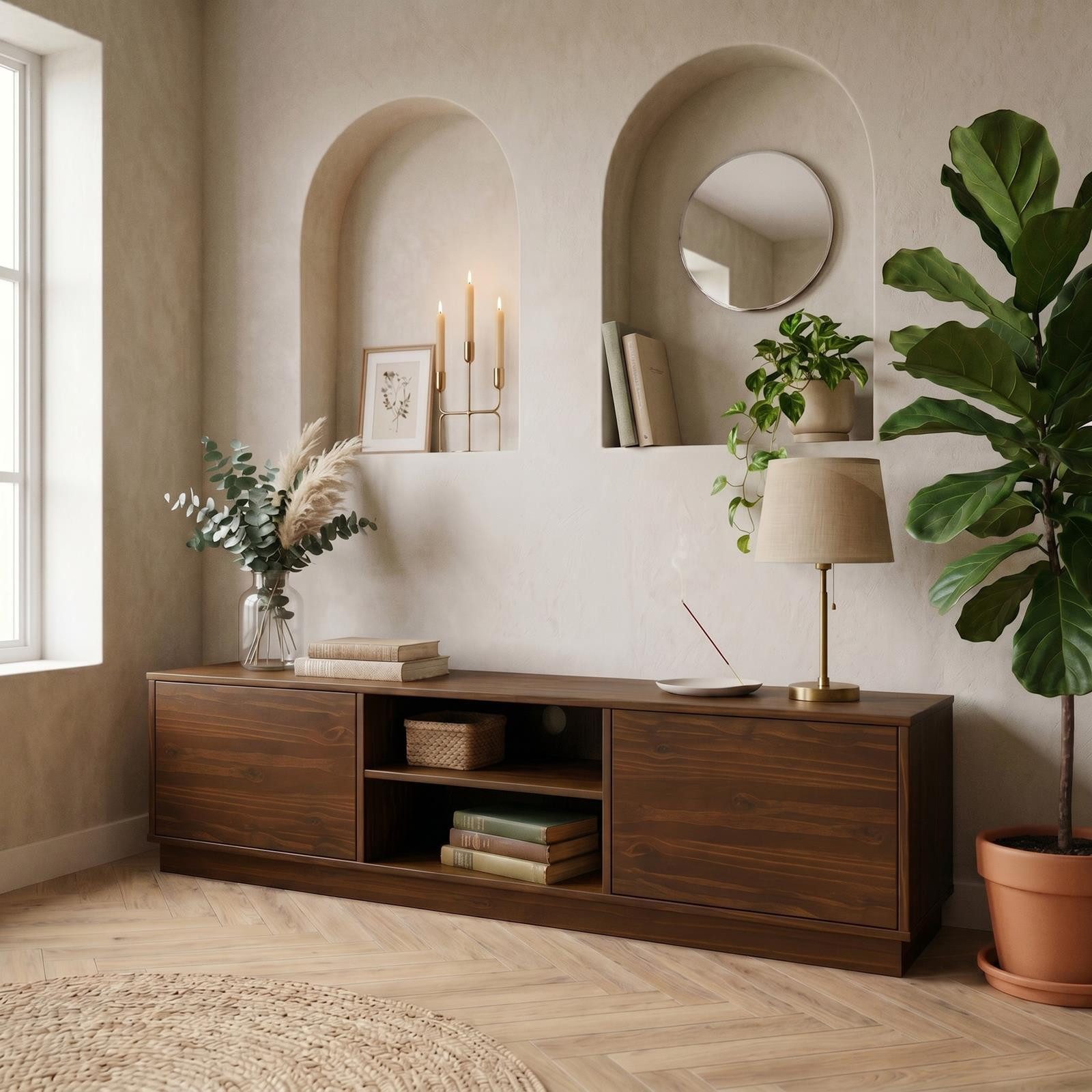 IDIMEX Lowboard MAITE, 170 cm aus Massivholz mit 2 Türen und Ablagefach Nussbaum Finish
