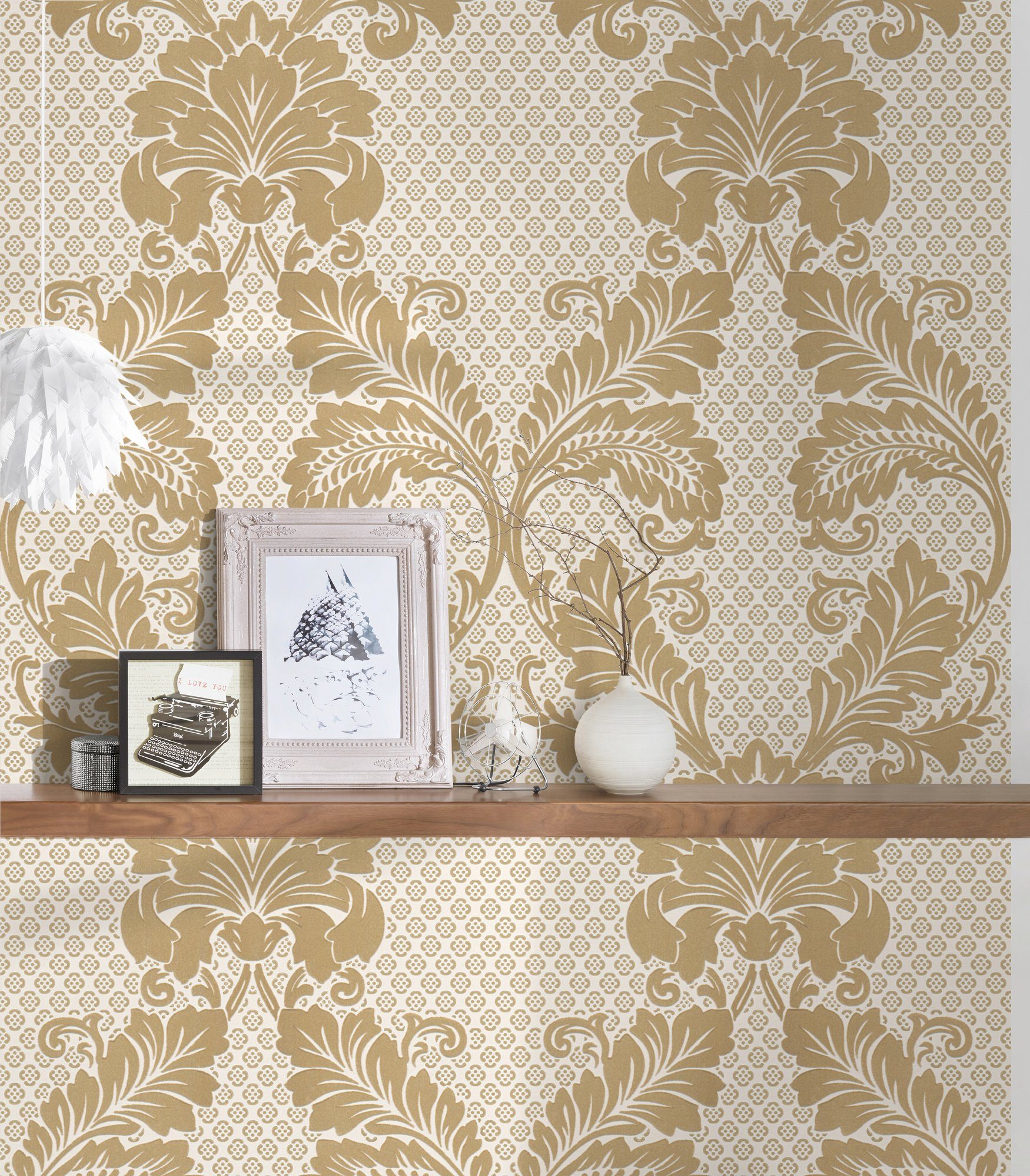 Barock Paper Vliestapete wallpaper, Ornament Architects gold/creme Luxury beflockt, Barock, Tapete