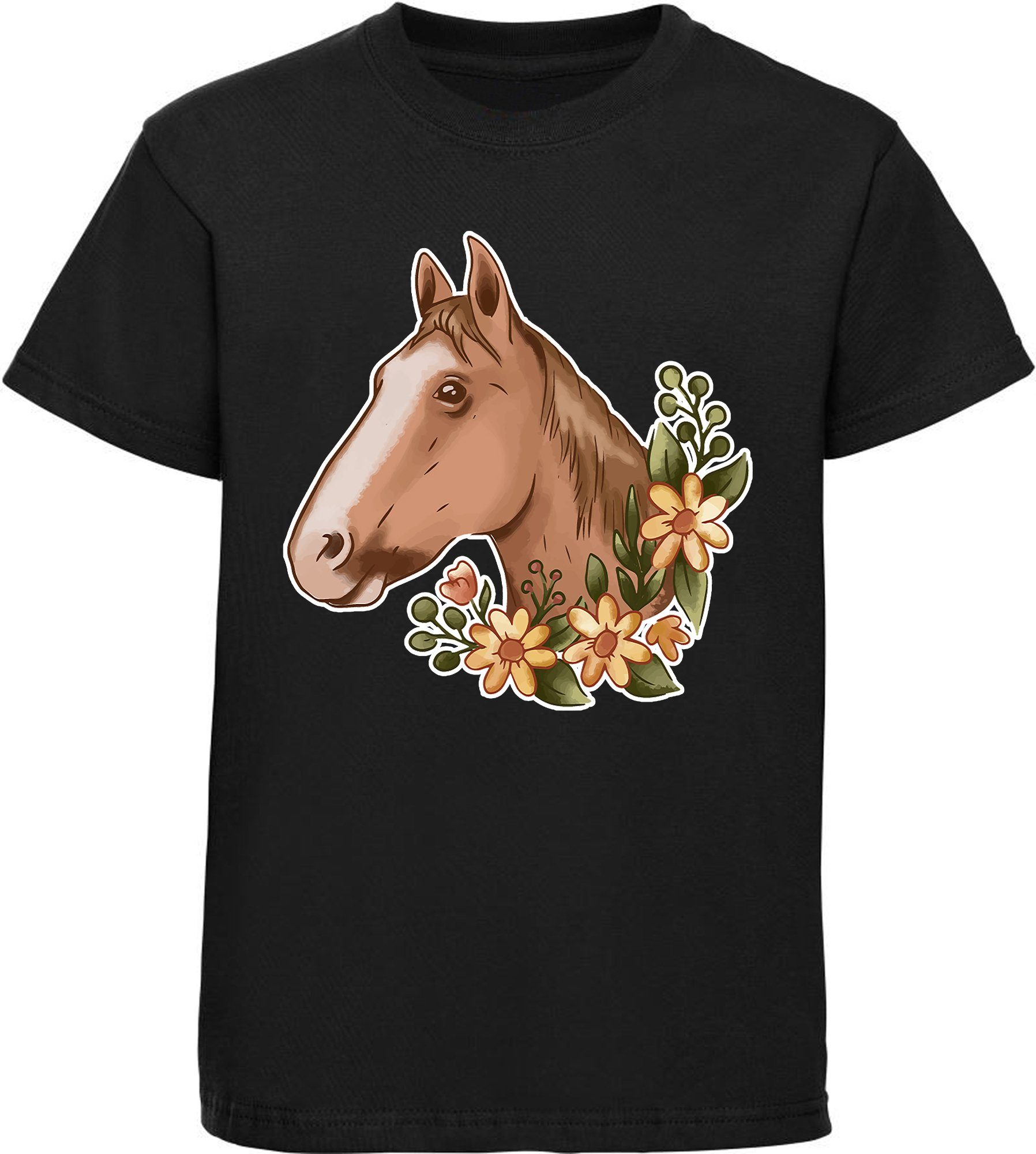 MyDesign24 Print-Shirt bedrucktes Kinder Mädchen T-Shirt - Hellbrauner Pferdekopf und Blumen Baumwollshirt mit Aufdruck, i181 schwarz