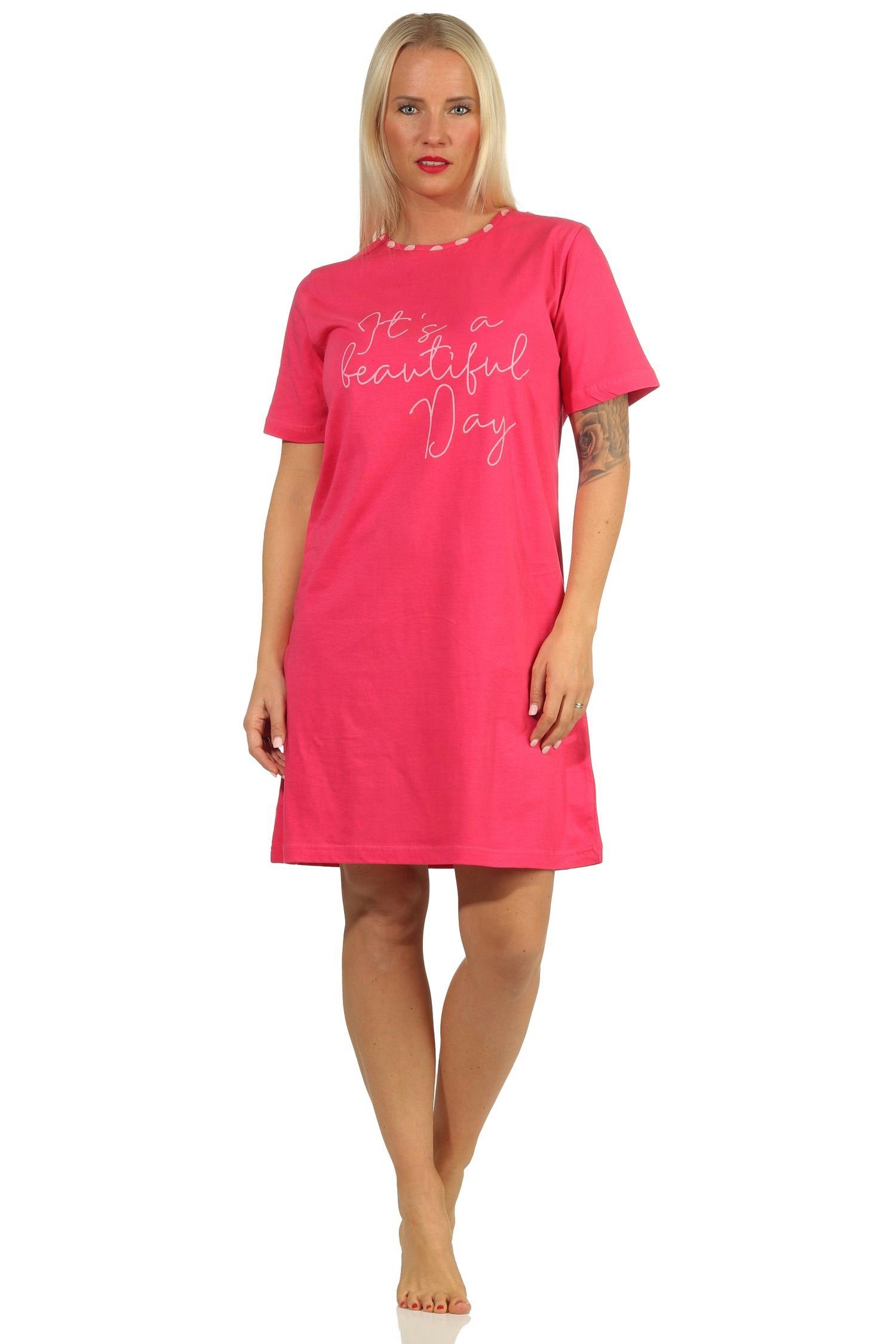 RELAX by Normann Nachthemd Damen kurzarm Nachthemd mit Zierspruch - 112 10 713 pink