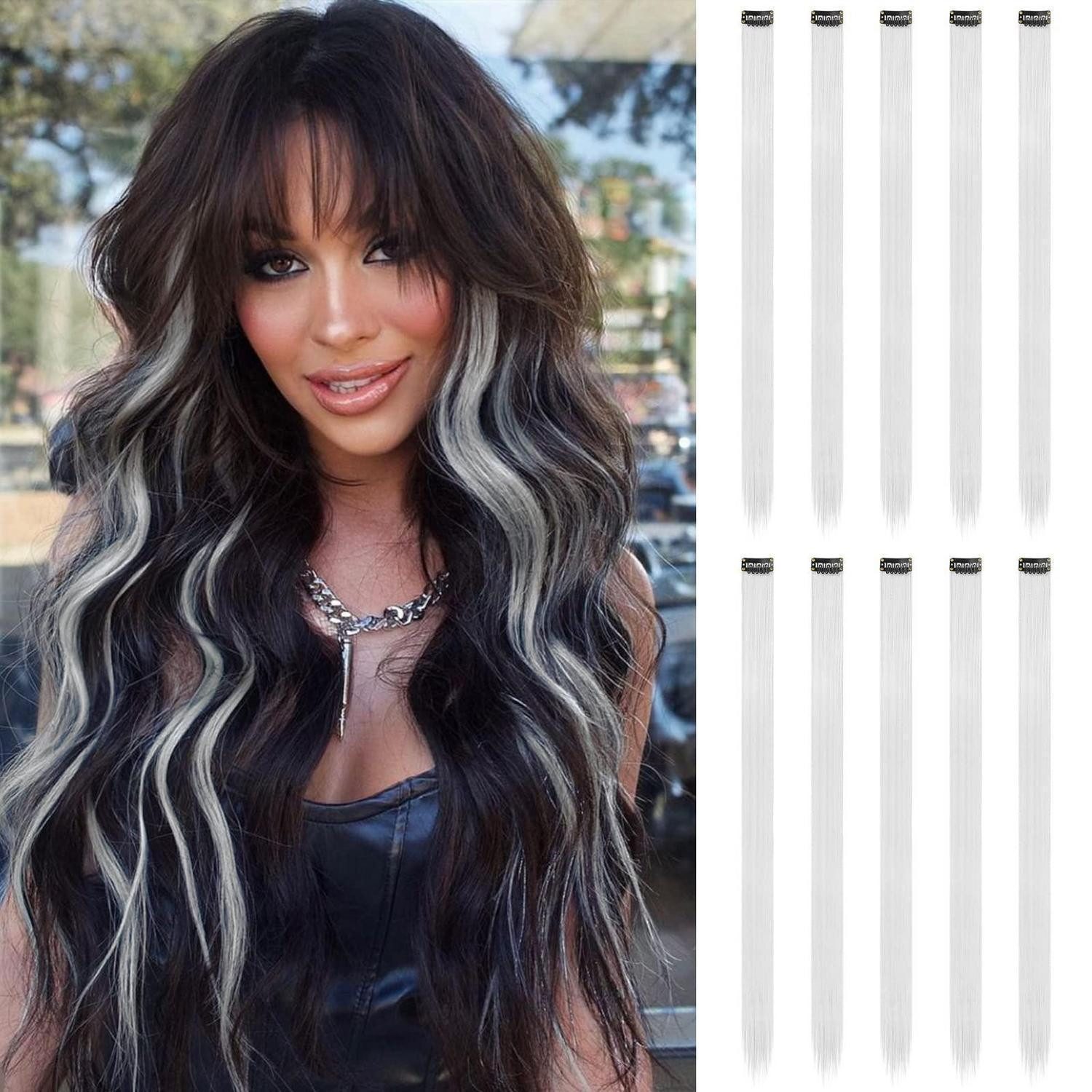 LuxusKollektion Kunsthaar-Extension Haarverlängerung Clip Extensions Haarteil Damen 55cm Silber 10 PCS