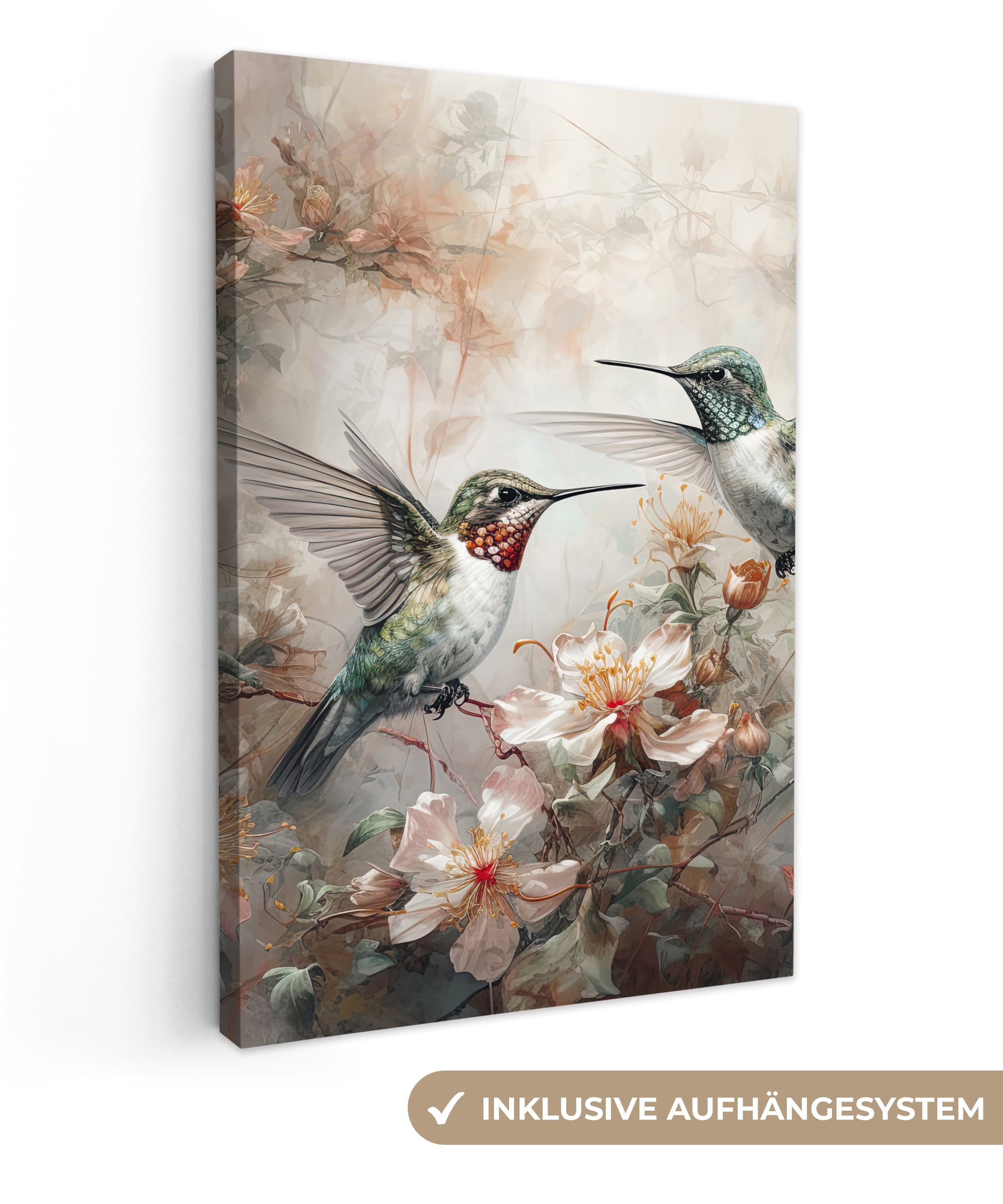 OneMillionCanvasses® Leinwandbild Kolibri - Vögel - Blumen - Pflanzen, Fotodruck (1 St), Leinwand Canvas Wandbild, Wanddekoration 20x30 cm