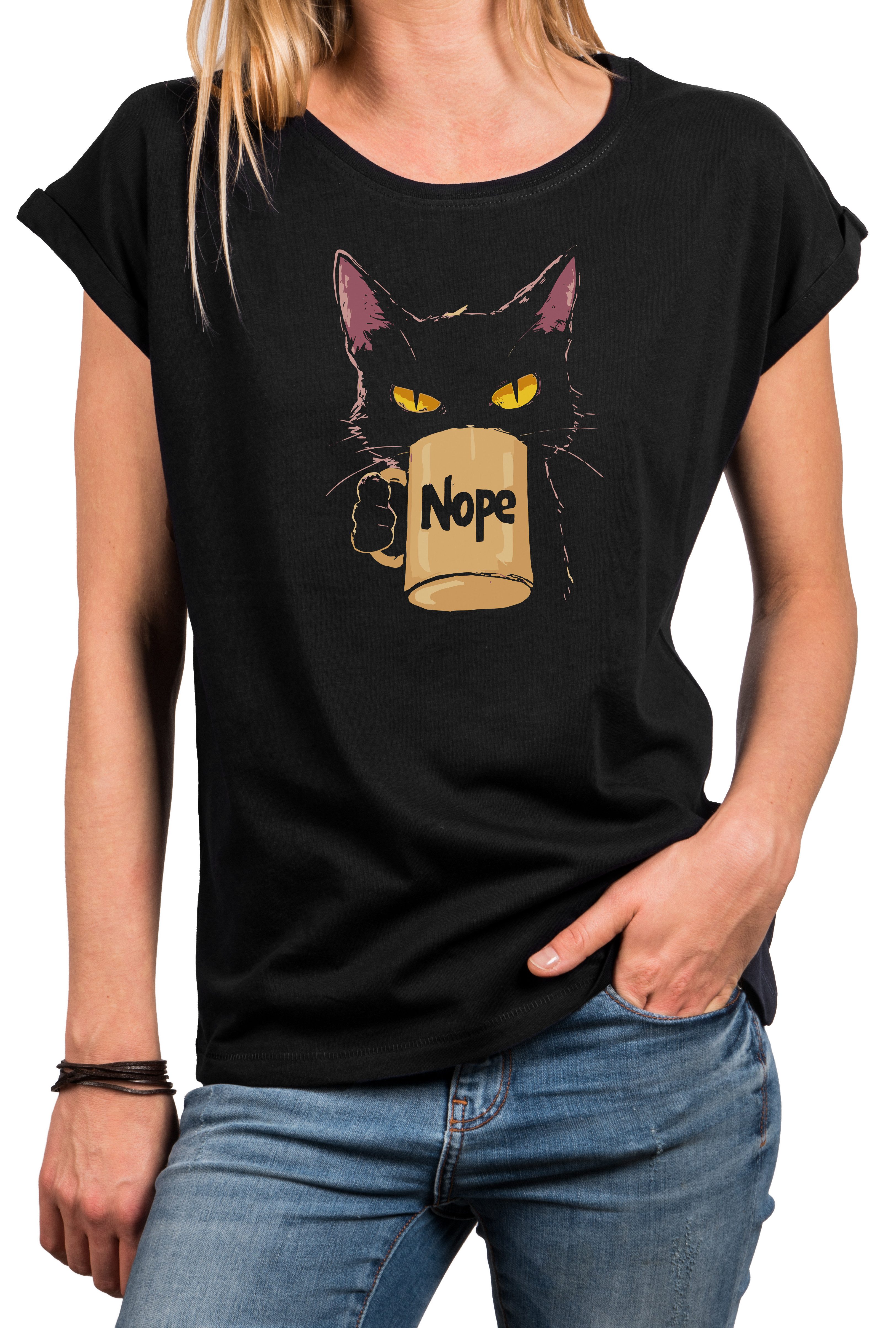 MAKAYA T-Shirt Lustiges Damen T-Shirt mit Katze und Kaffeetasse, Nope Spruc günstig online kaufen