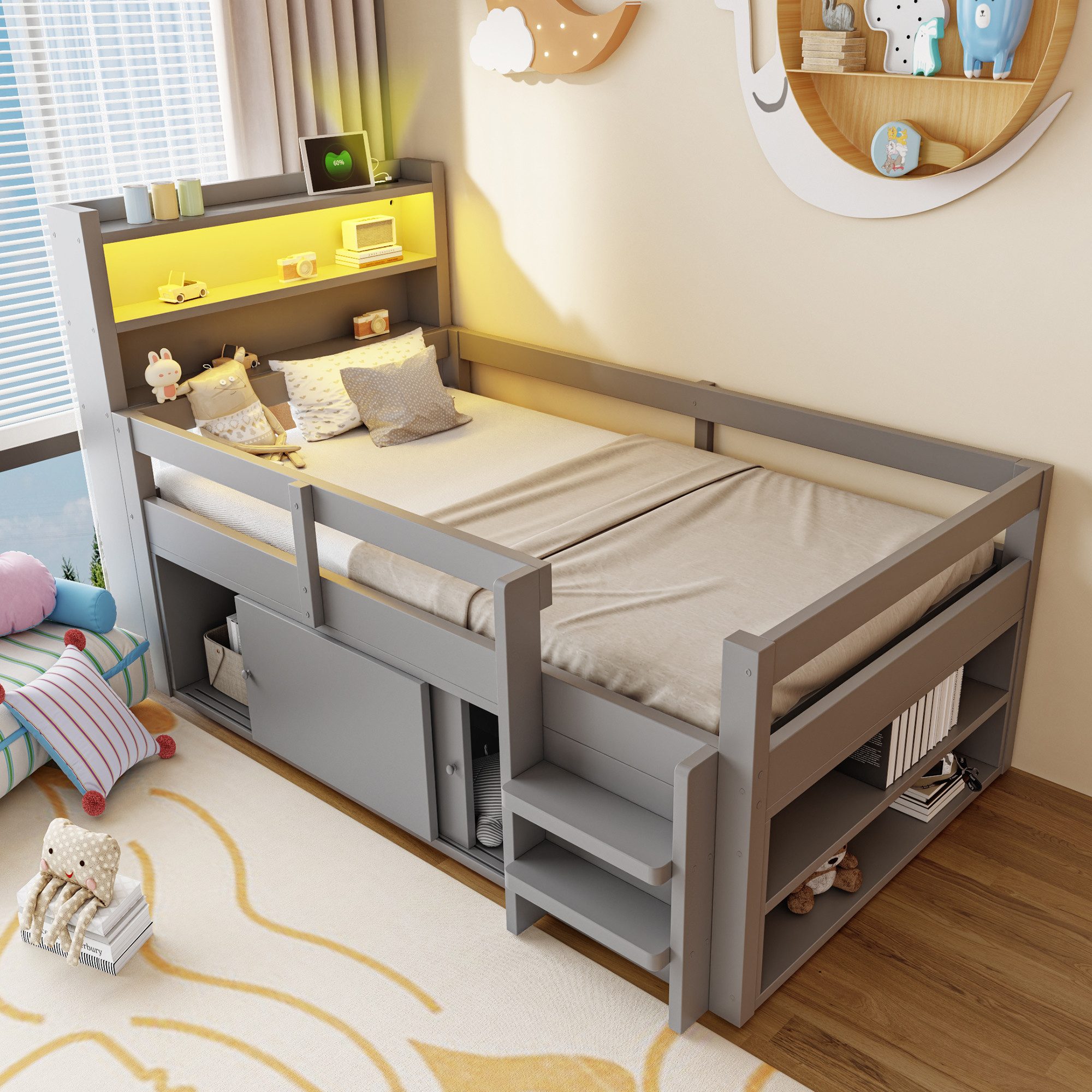 Flieks Kinderbett, Halbhochbett 90x200cm, Schrank mit Schiebetüren, LED-Leiste & Aufladen
