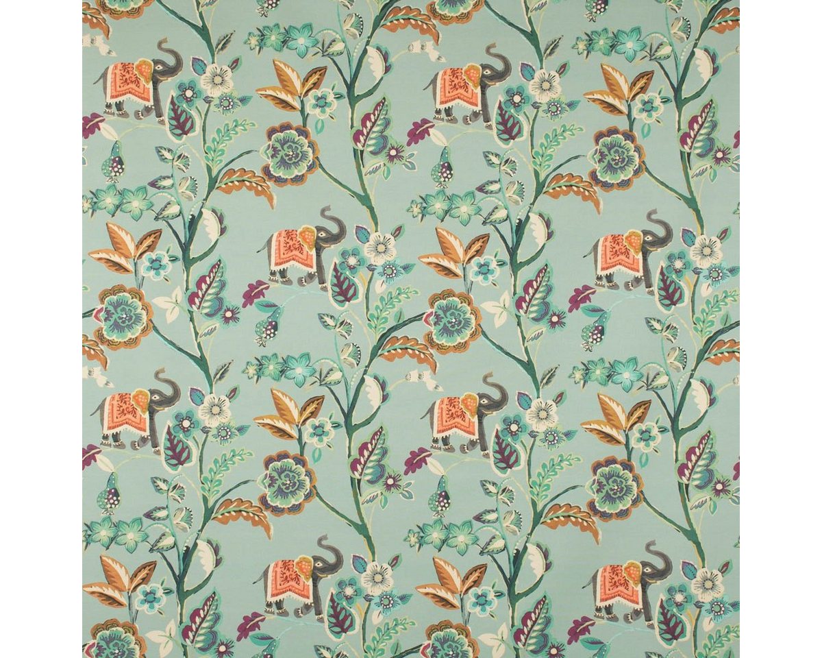 Thumbnail - Prestigious Textiles Stoff Dekostoff Baumwolle GUJARAT Blumenranken Elefant mint grün bunt 140cm, allergikergeeignet
