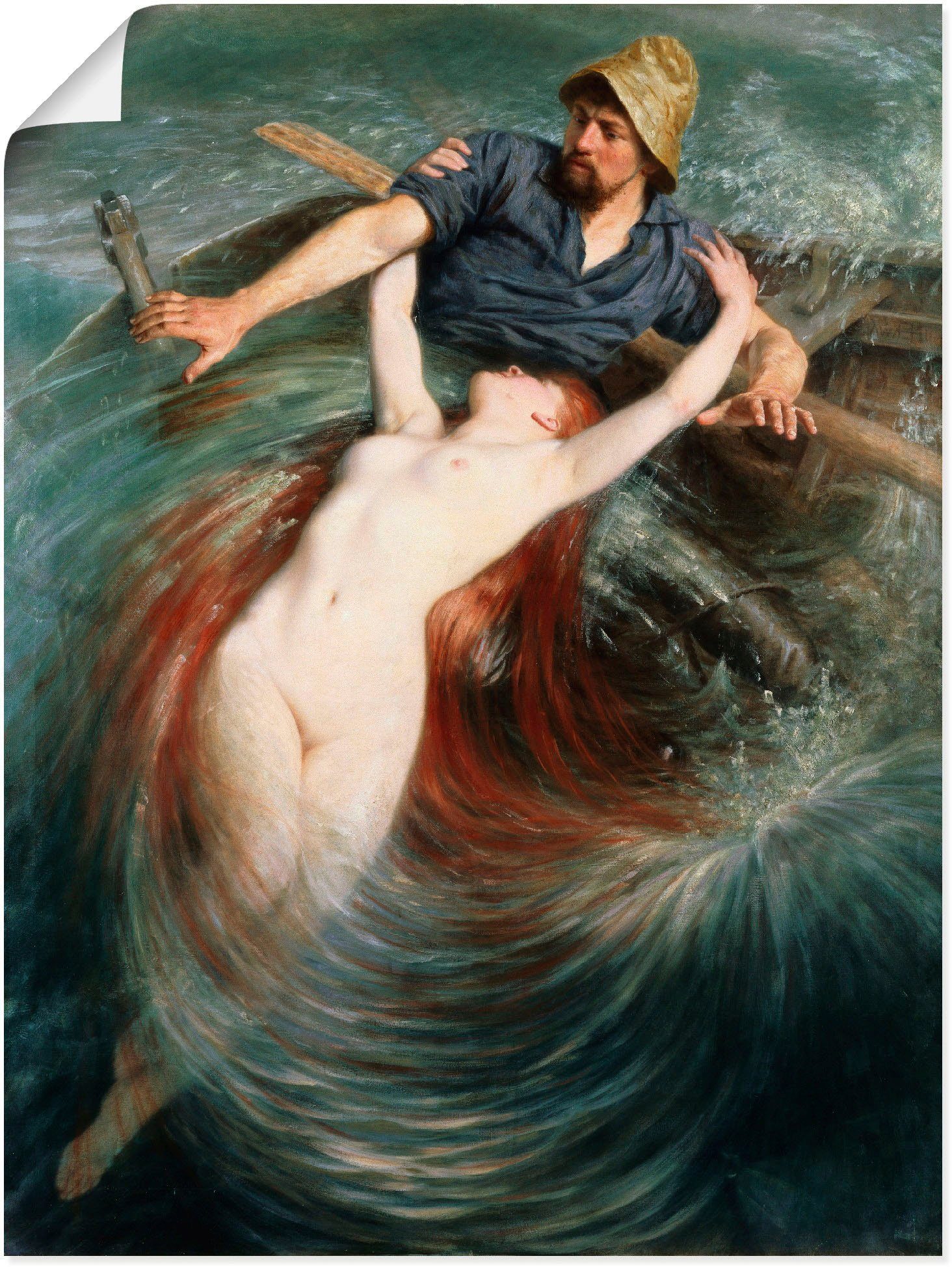 Artland Wandbild Ein Fischer in den Fängen einer Sirene., klassische Fantasie (1 St), als Leinwandbild, Wandaufkleber oder Poster in versch. Größen
