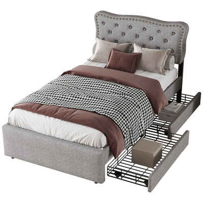 Tongtong Einzelbett 90*200 cm flaches gepolstertes Bett, doppelte Schubladen,Grau/Beige (nur Bett, ohne Matratze), wahlweise in 3 Farben
