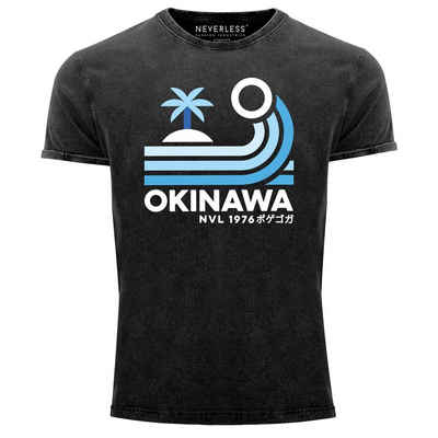 Neverless Print-Shirt Herren Vintage ShirtJapan Okinawa Schriftzug Retro Palme Welle Printshirt T-Shirt Aufdruck Used Look Neverless® mit Print