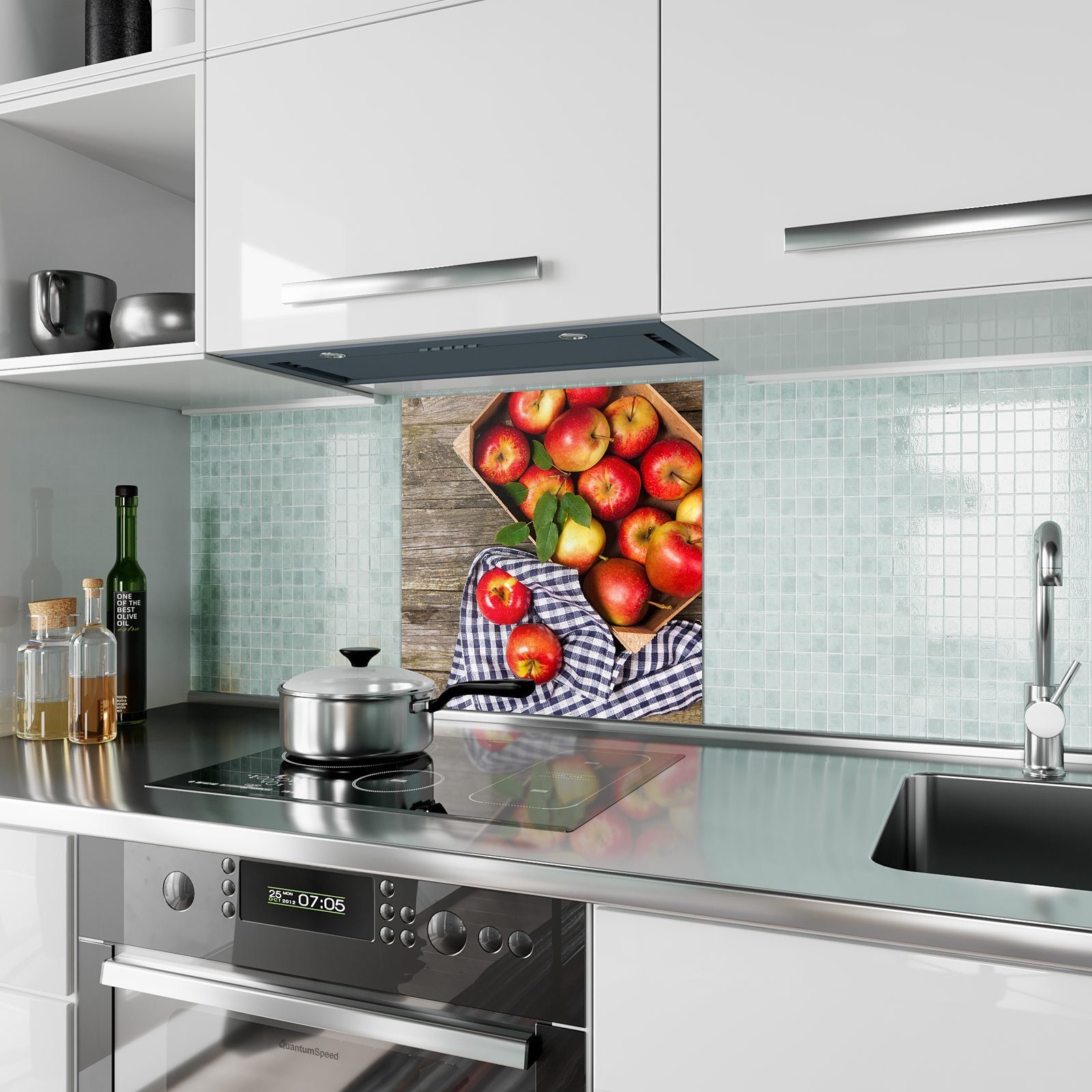 Küchenrückwand Äpfel Motiv mit Primedeco Spritzschutz mit Blatt Küchenrückwand Glas