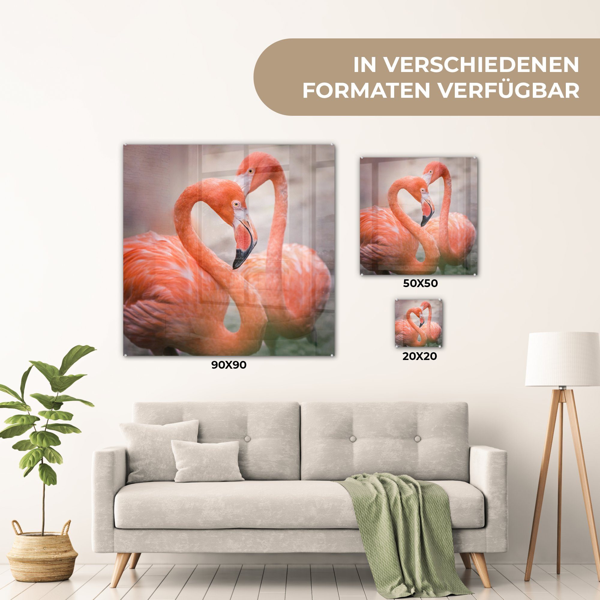 MuchoWow Acrylglasbild Zwei - Glasbilder auf rote Foto Herz, auf - Wanddekoration (1 zusammen Bilder bilden - Wandbild Glas Flamingos ein Glas St)