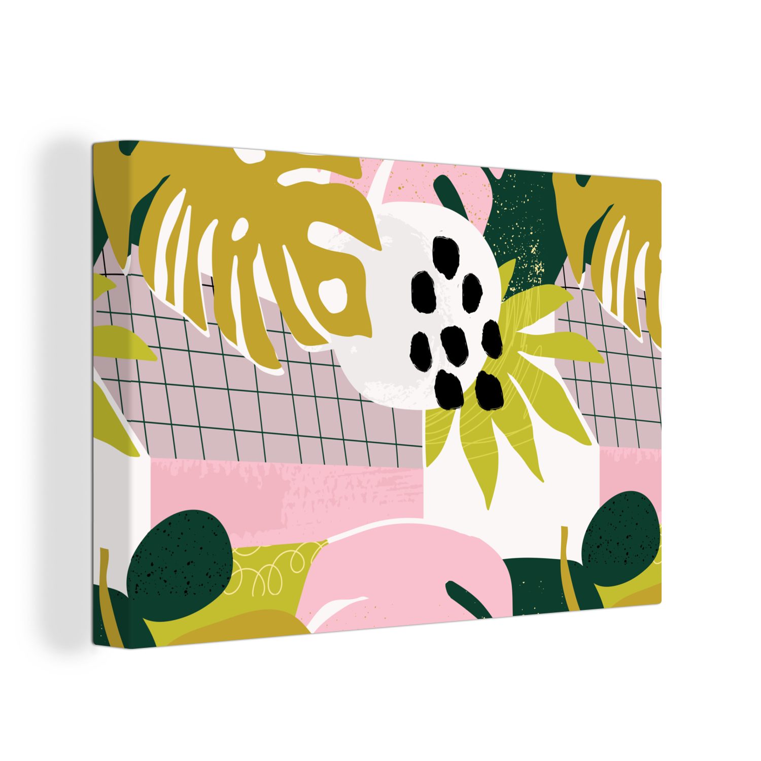 OneMillionCanvasses® Leinwandbild Tropische Pflanzen - Rosa - Gelb - Muster, (1 St), Wandbild Leinwandbilder, Aufhängefertig, Wanddeko, 30x20 cm