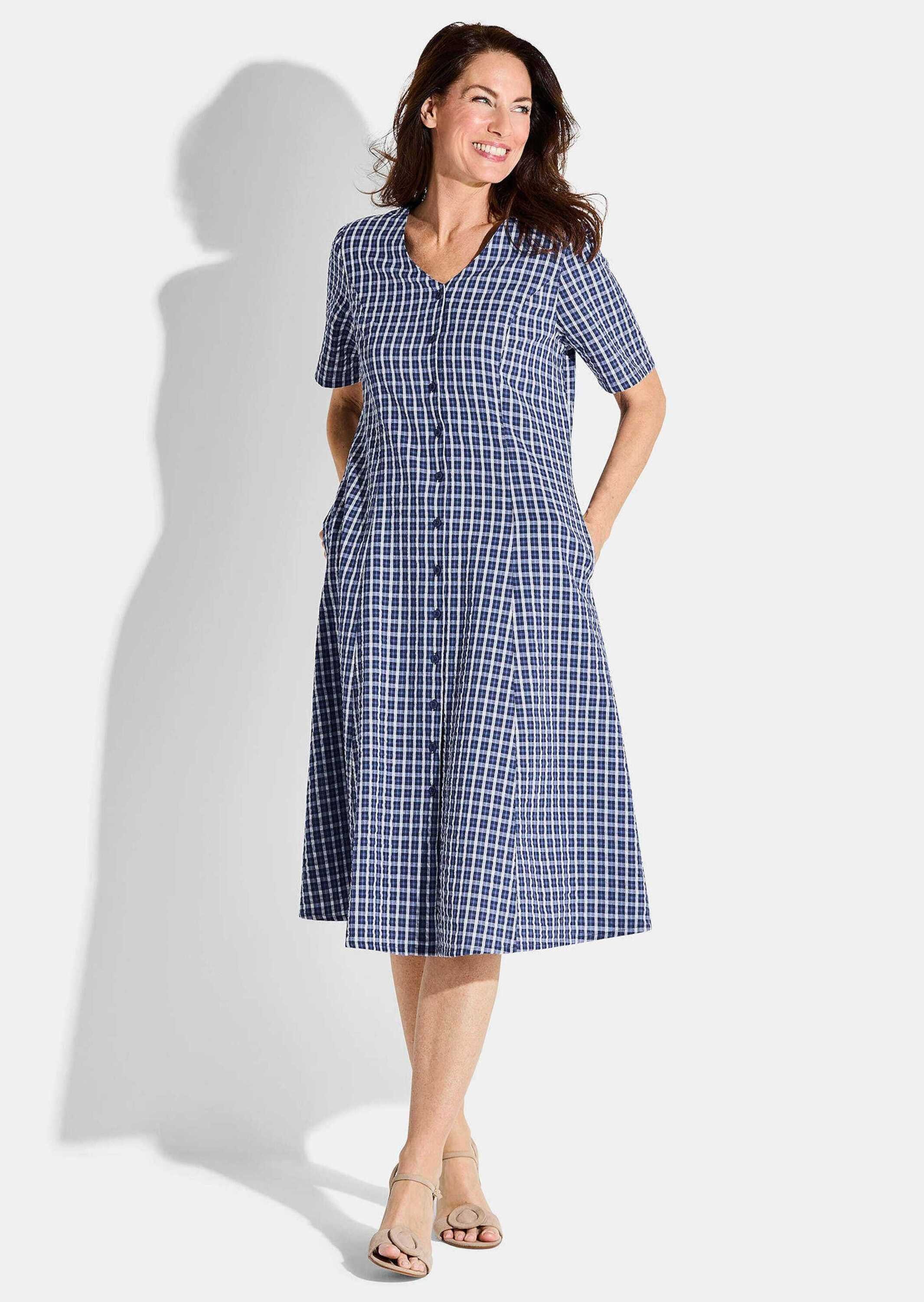 GOLDNER Sommerkleid Baumwollkleid mit Karo-Muster Midikleid mit V-Ausschnitt, Knopfleiste, Knielänge und Halbarm