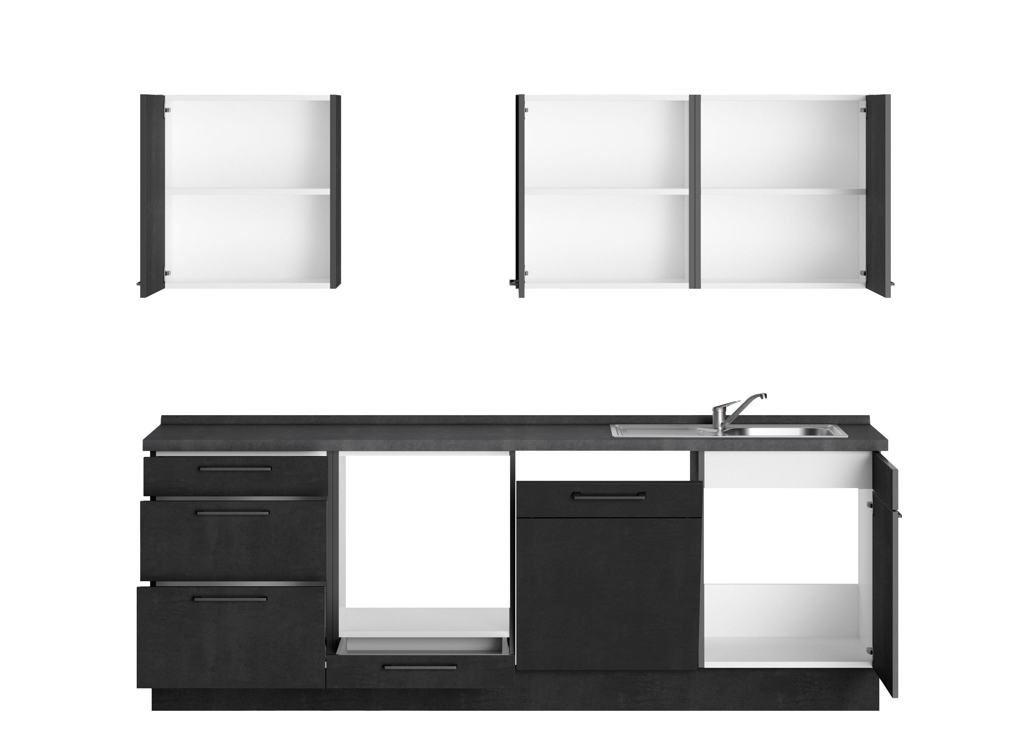 ROCTOR Küchenzeile RT5003 Comet schwarz / AP Spachtelbeton graphit - 240 cm Breit, Vormontiert, ohne E-Geräte, Küchenkorpus Made in Germany