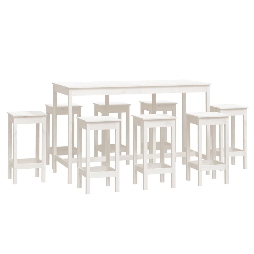 furnicato Bargruppe Bar-Set aus massivem Kiefernholz, 180 x 80 x 110 cm, Weiß, (1-tlg), Sitzgruppe mit 8 Hockern ohne Lehne und platzsparender Funktion