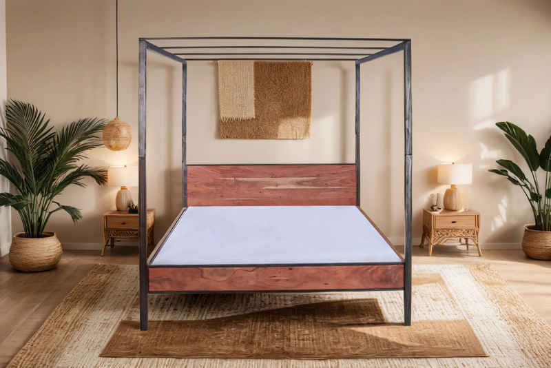 Junado® Himmelbett Romy, Himmelbett, massives Akazienholz, 180 x 200 cm, stonefarben, mit Stoff