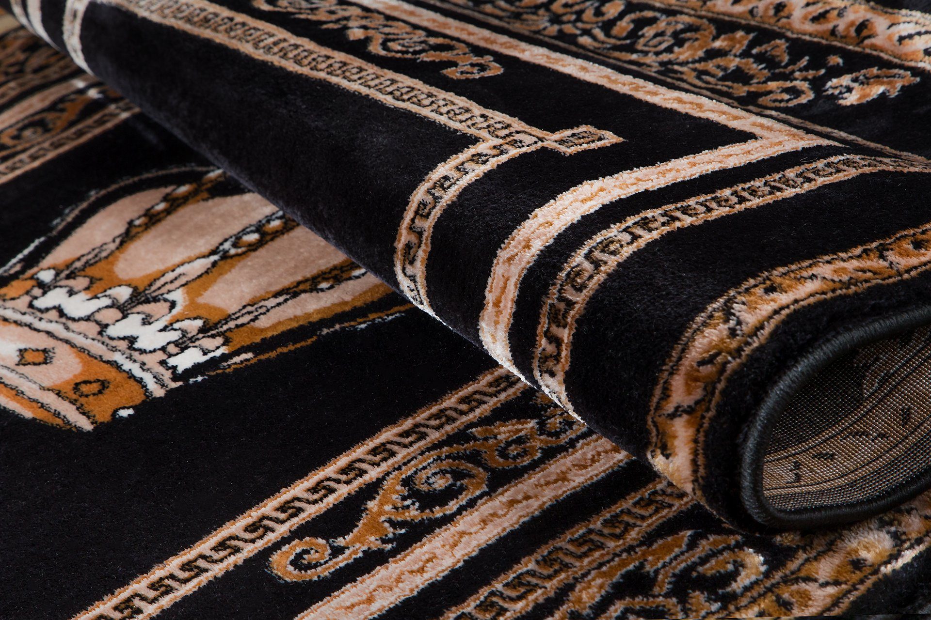 Belle Arti Teppich Teppich Wohnzimmer Wohnzimmerteppich schwarz gold Motiv Royal Krone, orientalisch, Kurzflor, Flauschig, Rutschfest, Mäander Muster