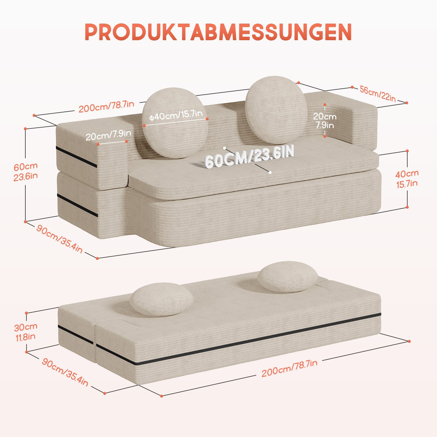 Lexzurn Sofa Schlafsofa Bella, Cord Sofa 90x200 cm mit Bettfunktion, Bettkasten & 2 Zierkissen, Wohnzimmer und kleine Räume, 3-in-1 Compressed Sofa Bed