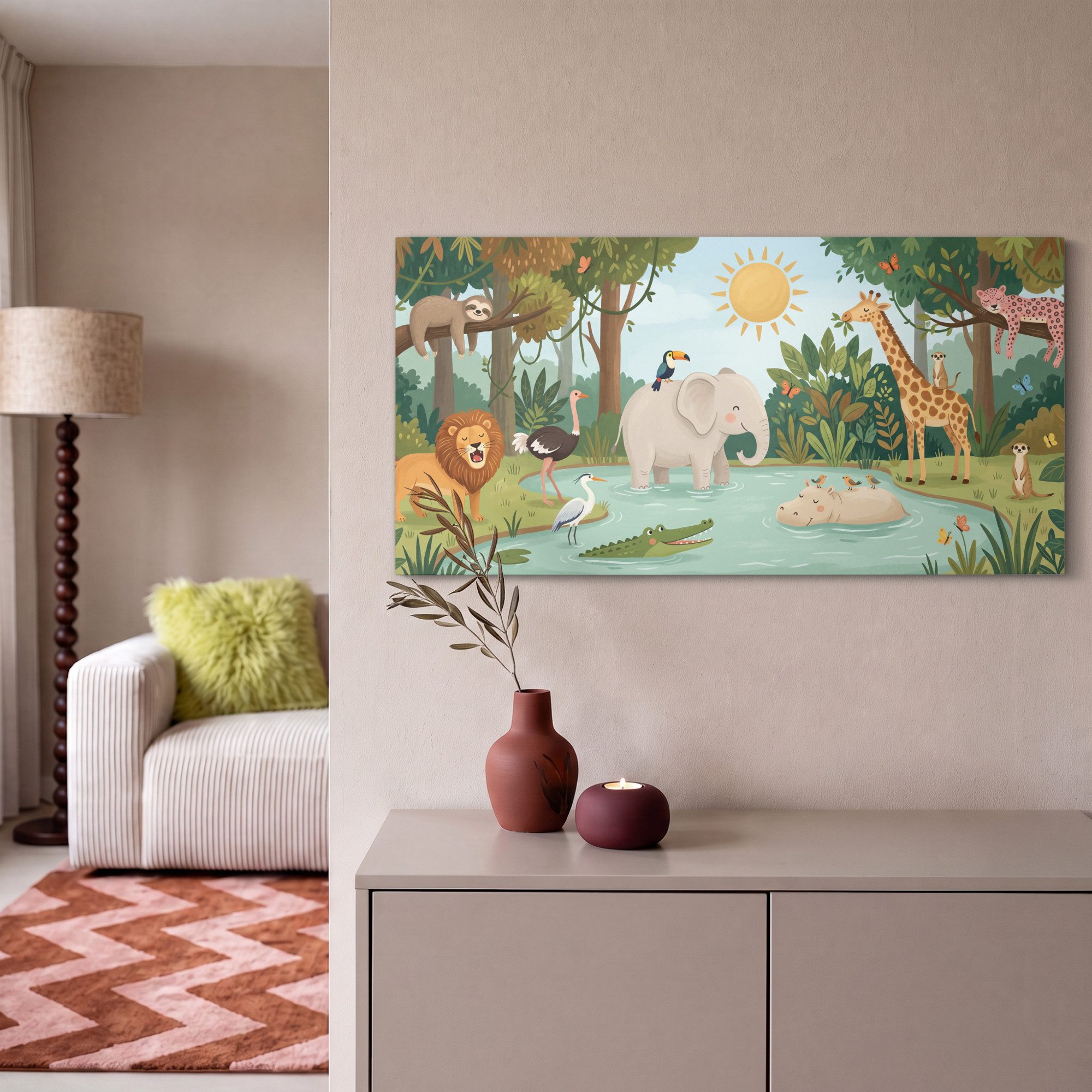OneMillionCanvasses® Leinwandbild Panorama Dschungel - Oase - Tiere - Farbenfroh, Fotodruck (1 St), Wandbild, Deko Schlafzimmer Wohnzimmer Flur 40x20 cm – Bild 2 von 5