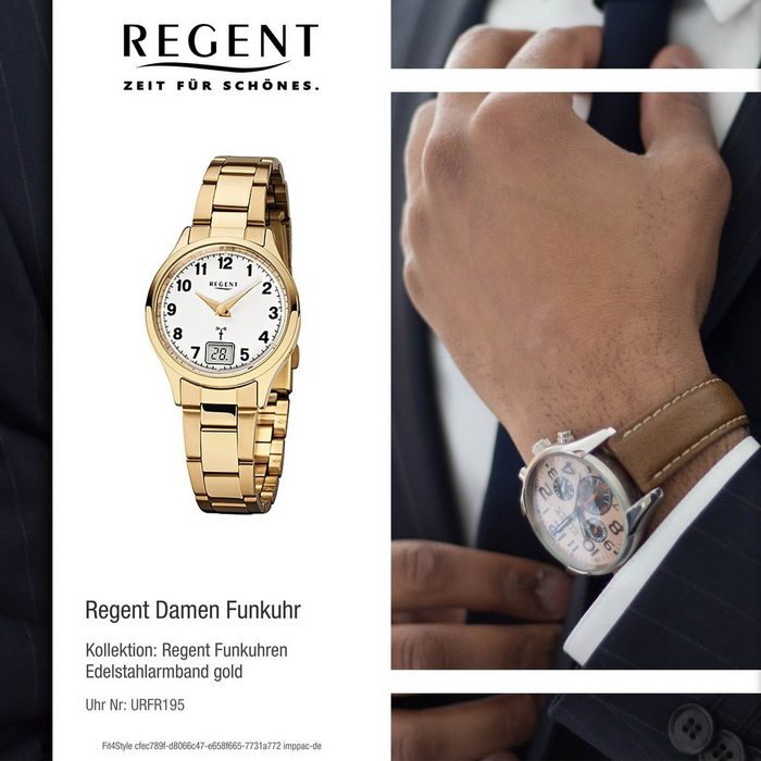 Regent Funkuhr Regent Damen-Armbanduhr gold (Funkuhr) Damen Funkuhr rund klein (ca. 29mm) Edelstahlarmband gold XB11078