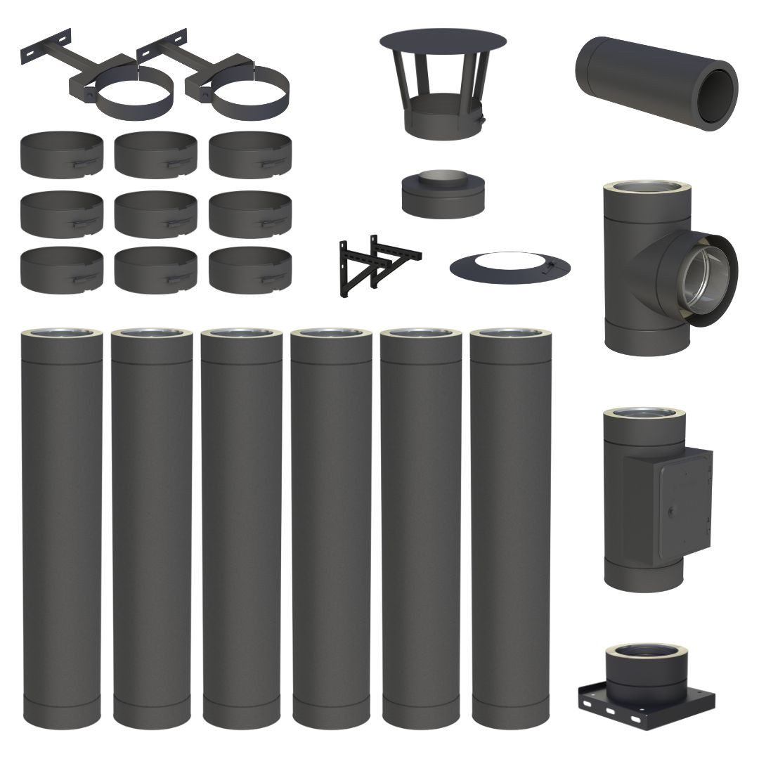 Jeremias Schornstein 6, 7 m EdelstahlSchornstein Ø180mm Komplettset DW DW-Black Wandmontage, Ø 180 mm