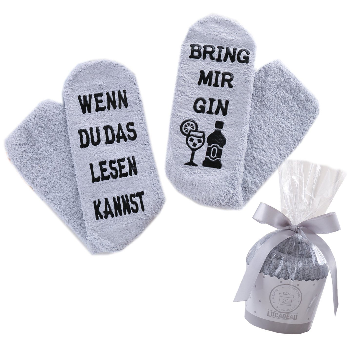 Lucadeau Kuschelsocken mit Spruch "Wenn du das lesen kannst, bring mir Gin" (Cupcake Verpackung, Gr. 36-43) rutschfest, Geschenke für Frauen, Geburtstagsgeschenk Grau