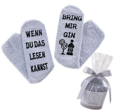 Lucadeau Kuschelsocken mit Spruch "Wenn du das lesen kannst, bring mir Gin" (Cupcake Verpackung, Gr. 36-43) rutschfest, Geschenke für Frauen, Geburtstagsgeschenk