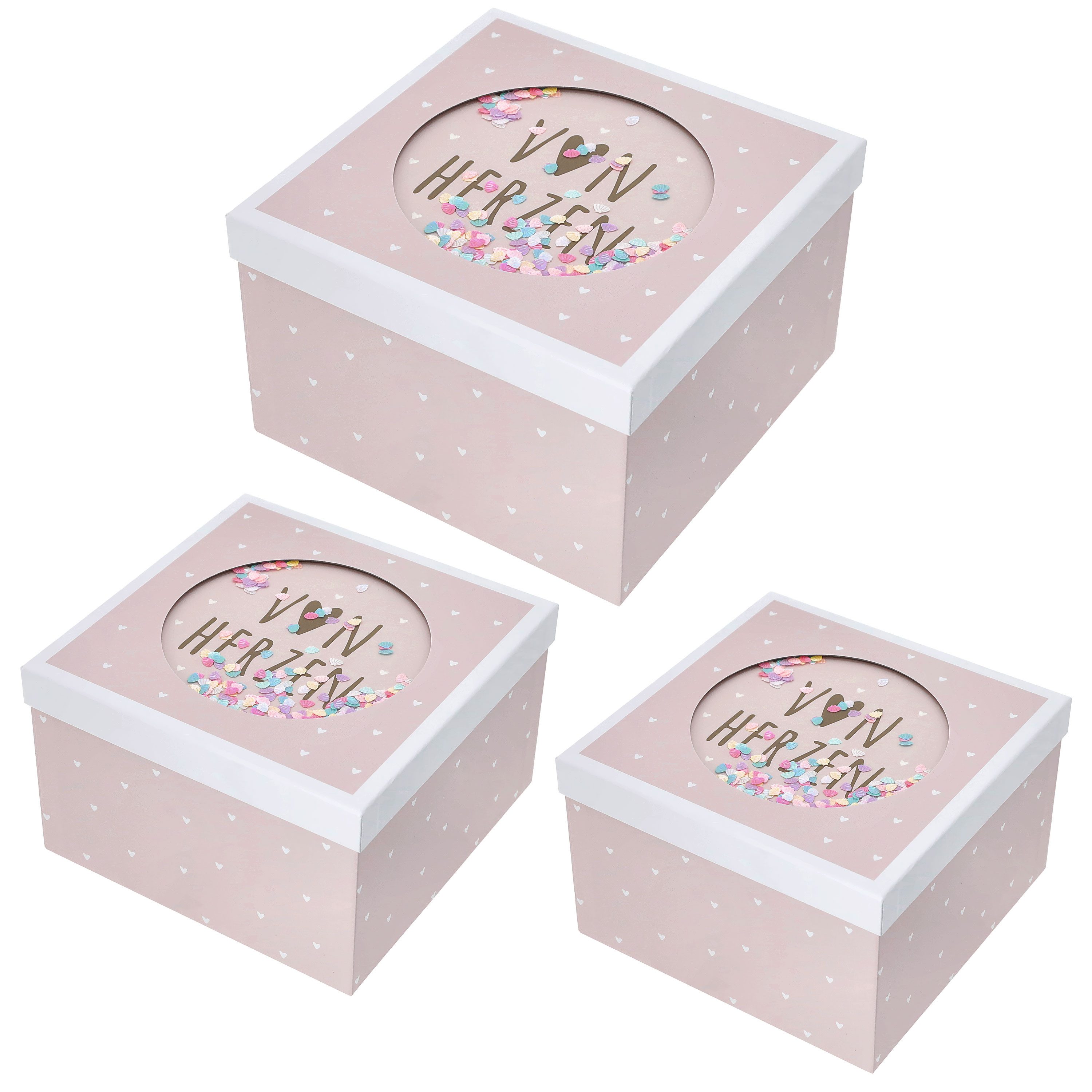 CEPEWA Aufbewahrungsbox Boxenset 'Von Herzen' 3er Set Glitzer Sichtfenster rosa Papier 900gsm