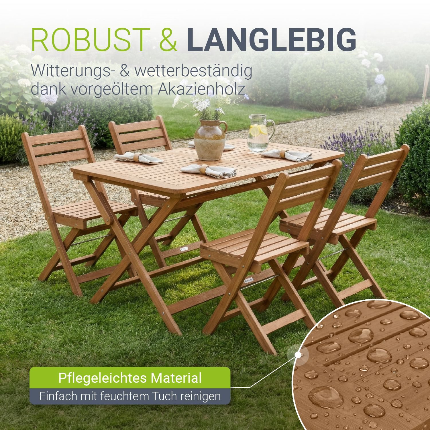 Juskys Essgruppe Rimini, (5-tlg., 4x Stühle. 1x Tisch), 4 Stühle & Tisch, klappbar, aus Akazienholz, geölt & wetterfest