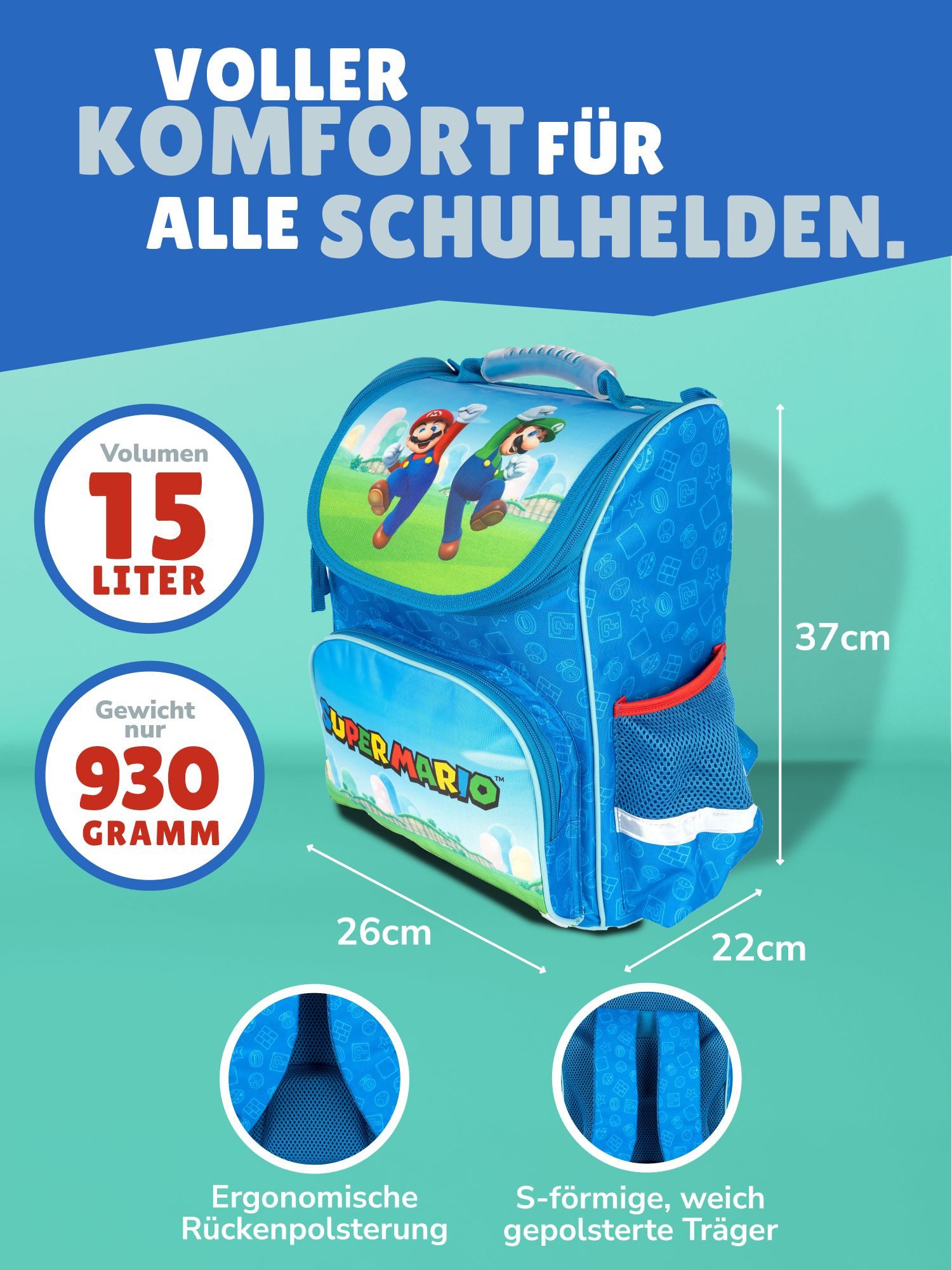 Familando Schulranzen Clou Super Mario Schultasche, blau, ab 1. Klasse (Grund-Set, 5-tlg., mit Federmappe, Schlamper, Turn- & Geldbeutel), kompakt, leicht, robust