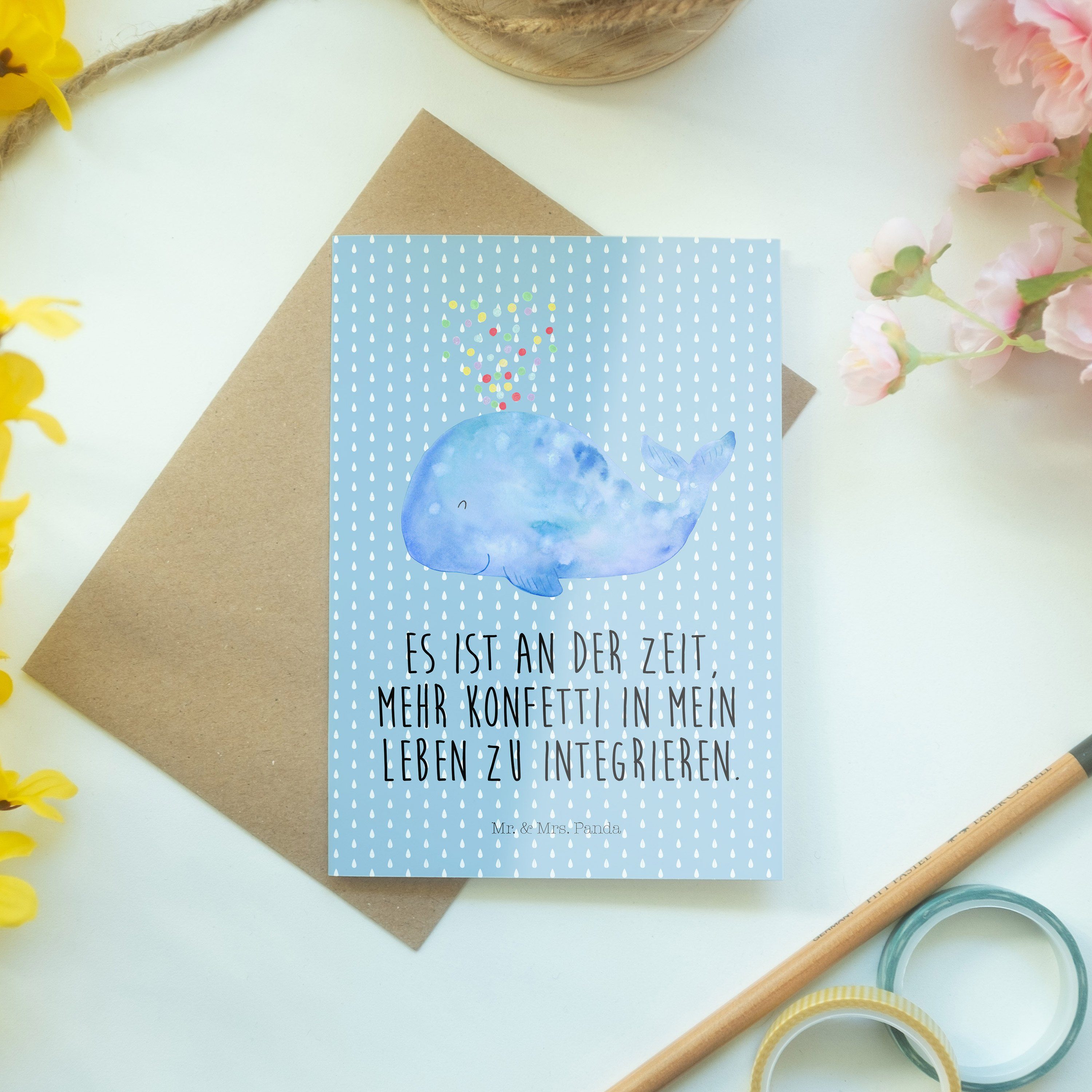 - Mr. Konfetti Geschenk, Panda & Mrs. Grußkarte Meer Einladungskarte, - Urlaub, Wal Blau Pastell