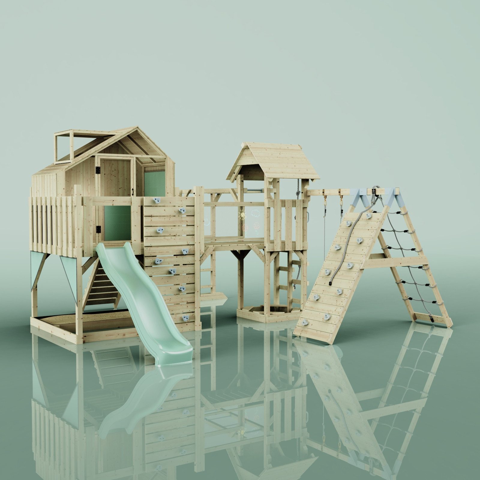OutdoorToys Spielturm Bo, aus Holz in Mintgrün mit Kinderschaukel & Rutsche, Kletterwand
