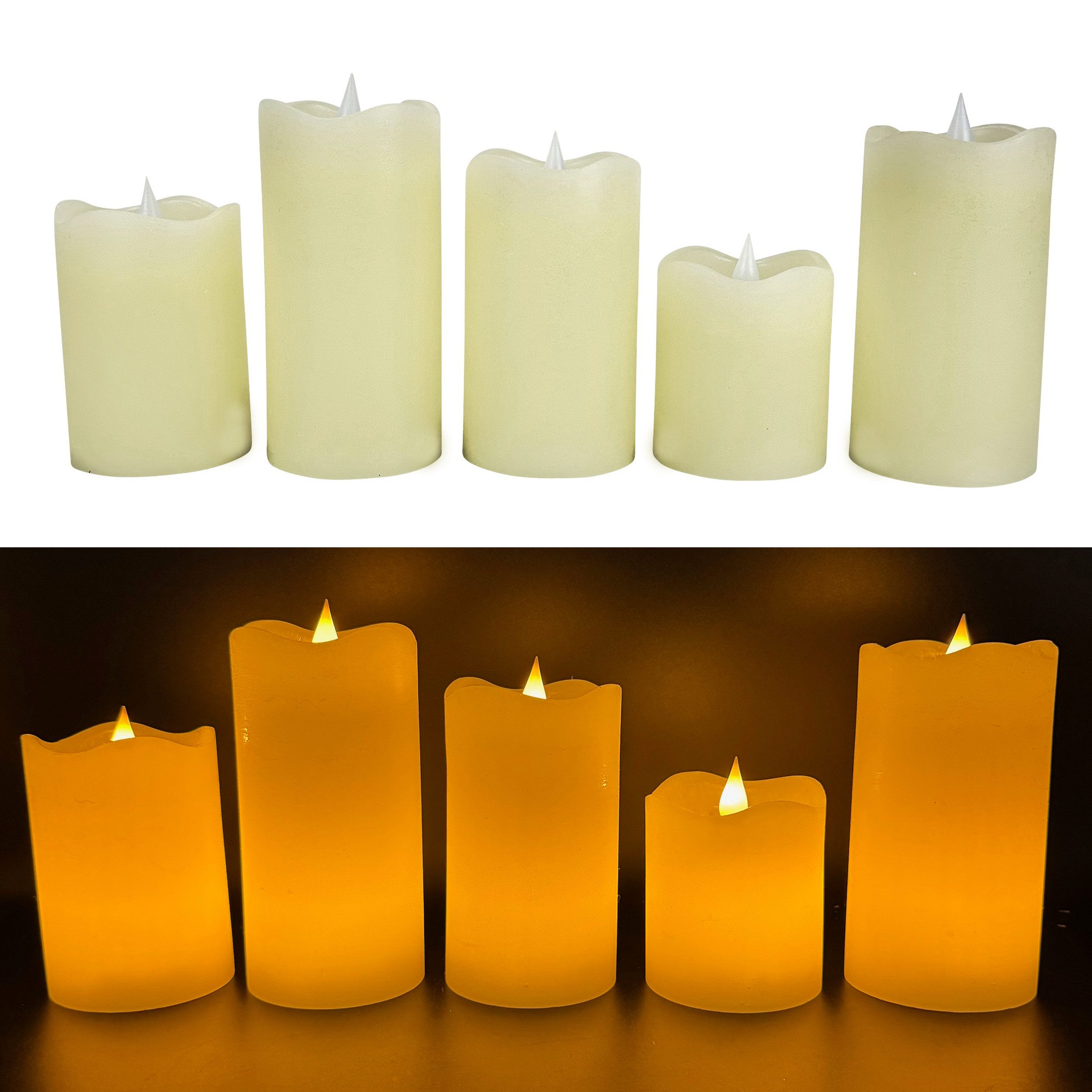 Online-Fuchs LED-Kerze 5 LED-Kerzen aus Echtwachs mit 6-Stunden Timer (realistische Kerzenflamme, Rot, Weiß, Creme, Grün, Altrosa, Lila, Orange), ruhiges Standlicht oder natürliches Flackern - Long Shine Funktion!
