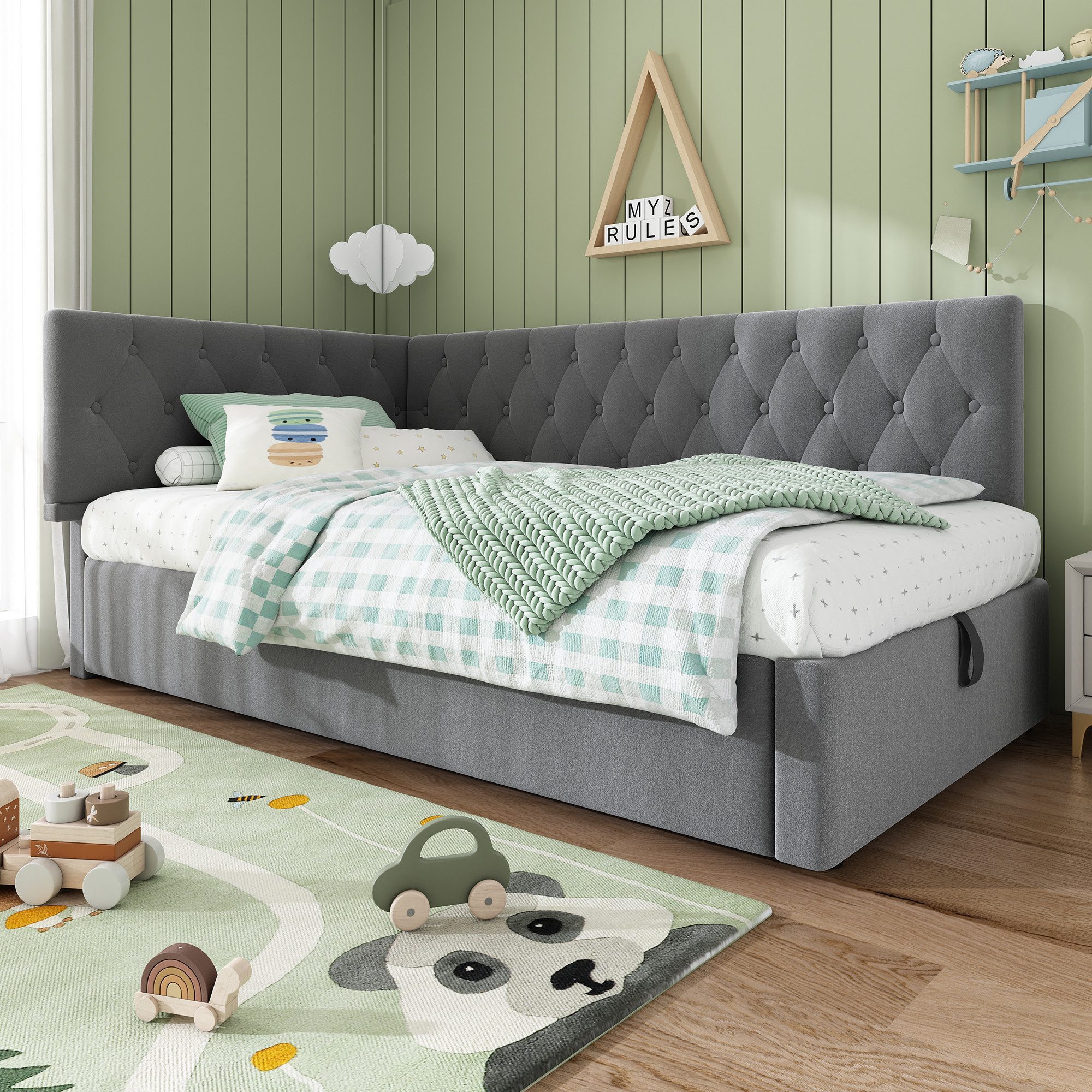 MODFU Polsterbett L-förmigem Schlafsofa (Funktionsbett, Stauraumbett, 1-tlg., 90x200cm, ohne Matratze), mit stabilem Metallrahmen und geräuschdämpfender Konstruktion