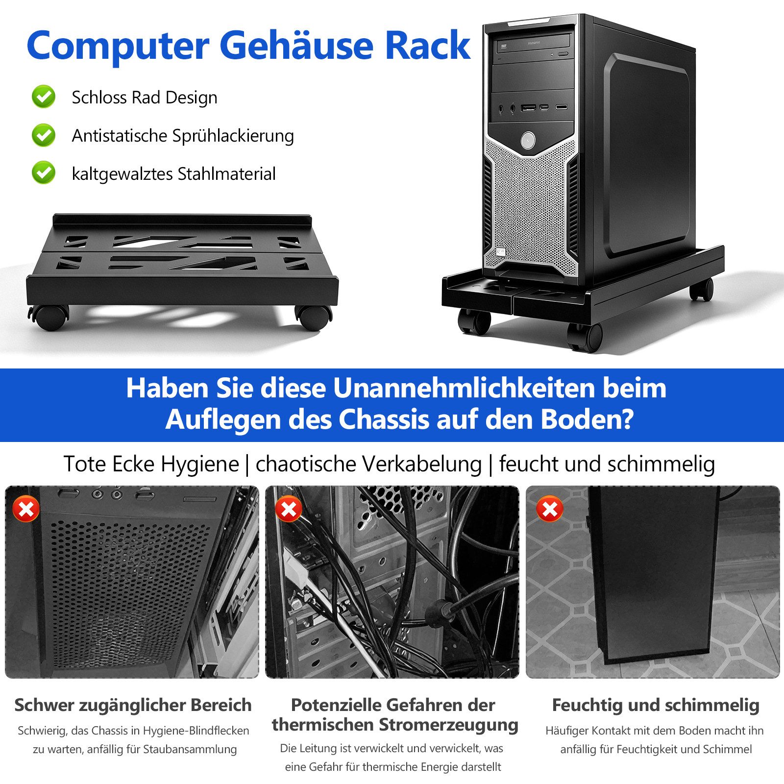 BlingBin Halterung PC Ständer mit Rollen - Computer PC Tower Ständer Einstellbare, (1er Set, 1-tlg., 2 Rollen Feststellbar, Universal CPU Ständer mit 4 Rollen, PC Halterung für Computerhost)