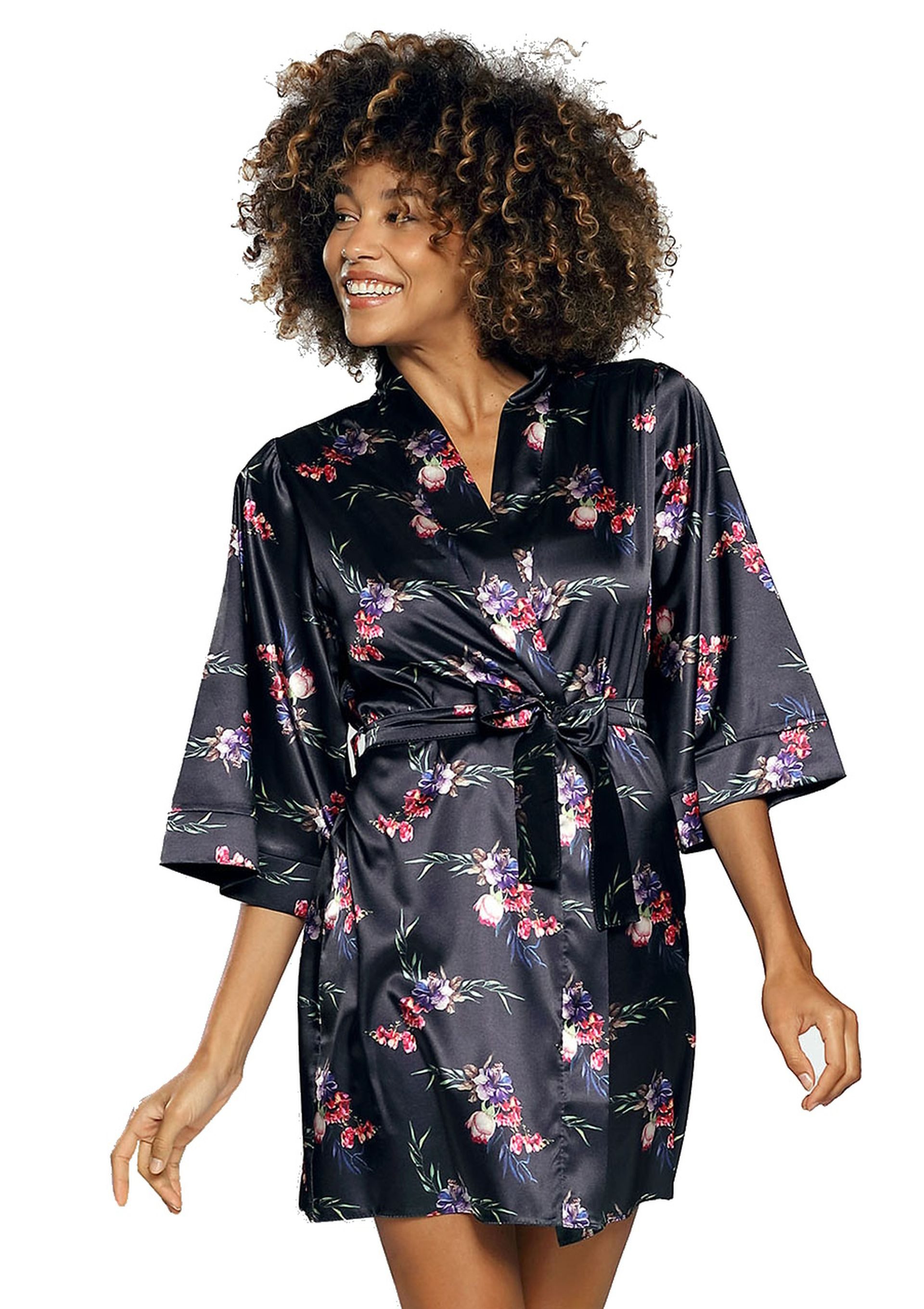 DKaren Morgenmantel Damen Morgenmantel Kurz Satin 3/4 Ärmel, Kimono-Kragen, Gürtel