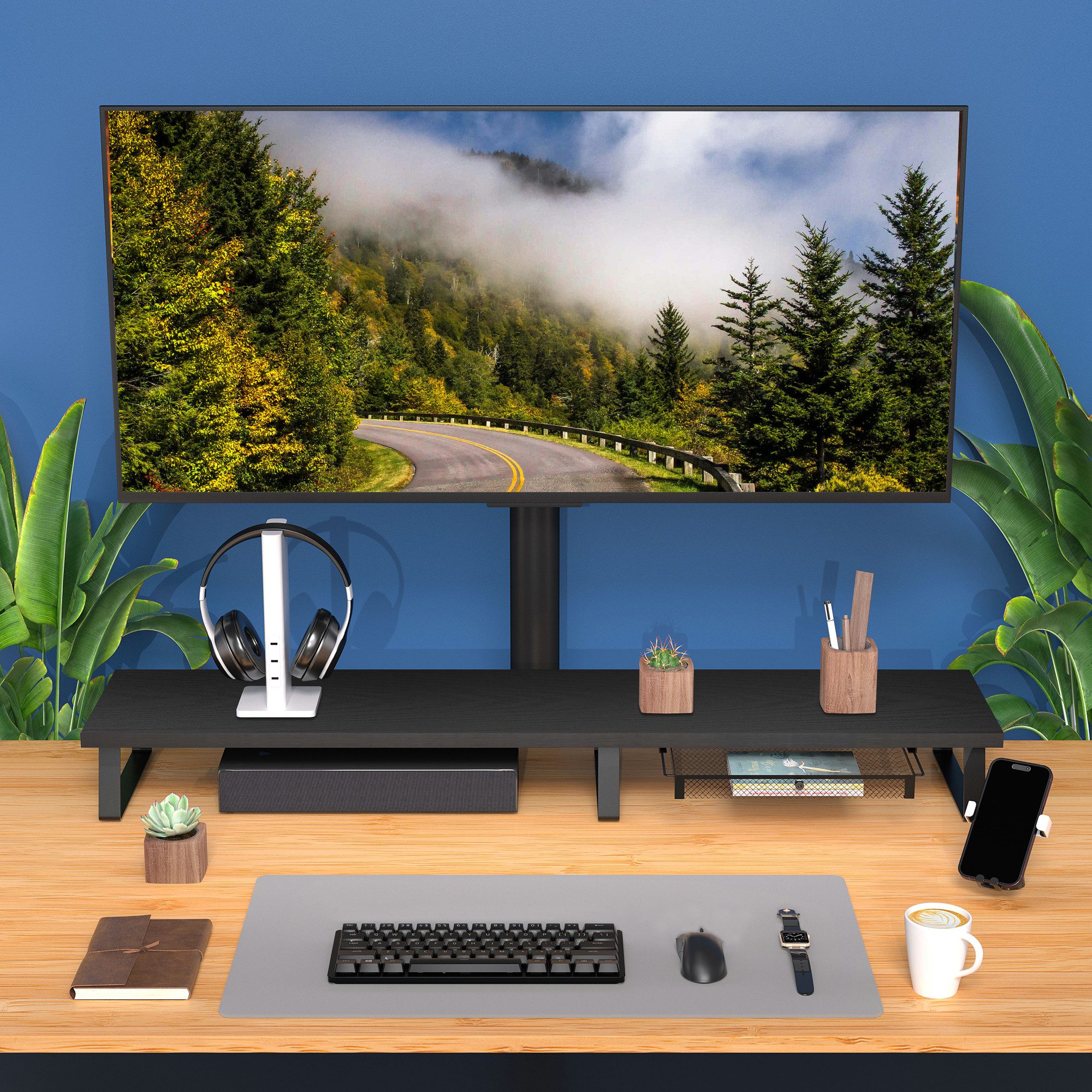 i@home Monitorständer 2- oder 3-Monitor Stand,Bildschirmerhöhung mit verstellbarer, (Длина und Winkel, Desktop-Organizer-bildschirm ständer für Computer, Laptop, Drucker, TV, höhenverstellbar, mit Staufach)