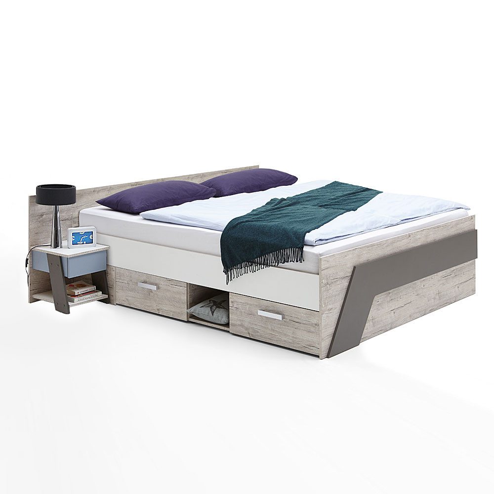 Lomadox Jugendzimmer-Set LEEDS-10, (Sparset, 6-tlg), Sandeiche Nachbildung mit weiß Lava und Denim Blau