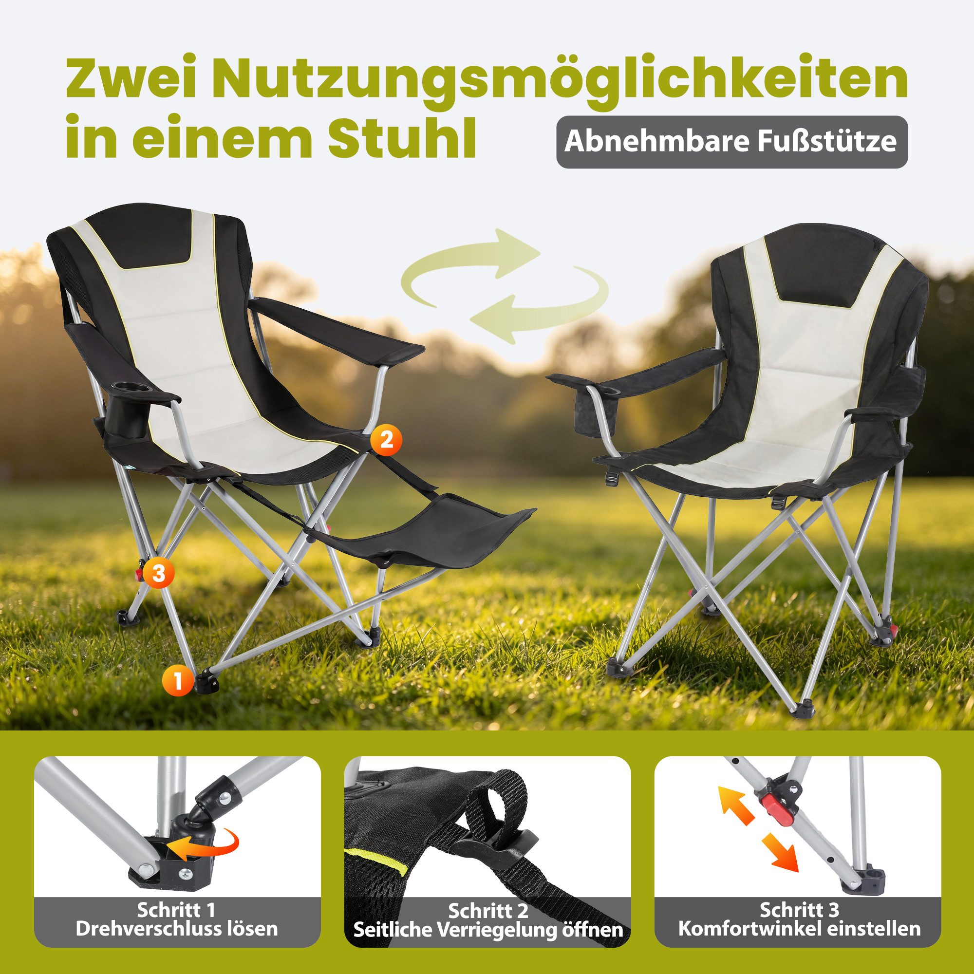 HOMECALL Campingstuhl mit fußstütze Klappstuhl Angelstuhl Faltbar gepolstert gartenstuhl (2-in-1-Funktion gartenstuhl klappbar campingstuhl mit fußablage), 3 fa – Bild 3 von 5