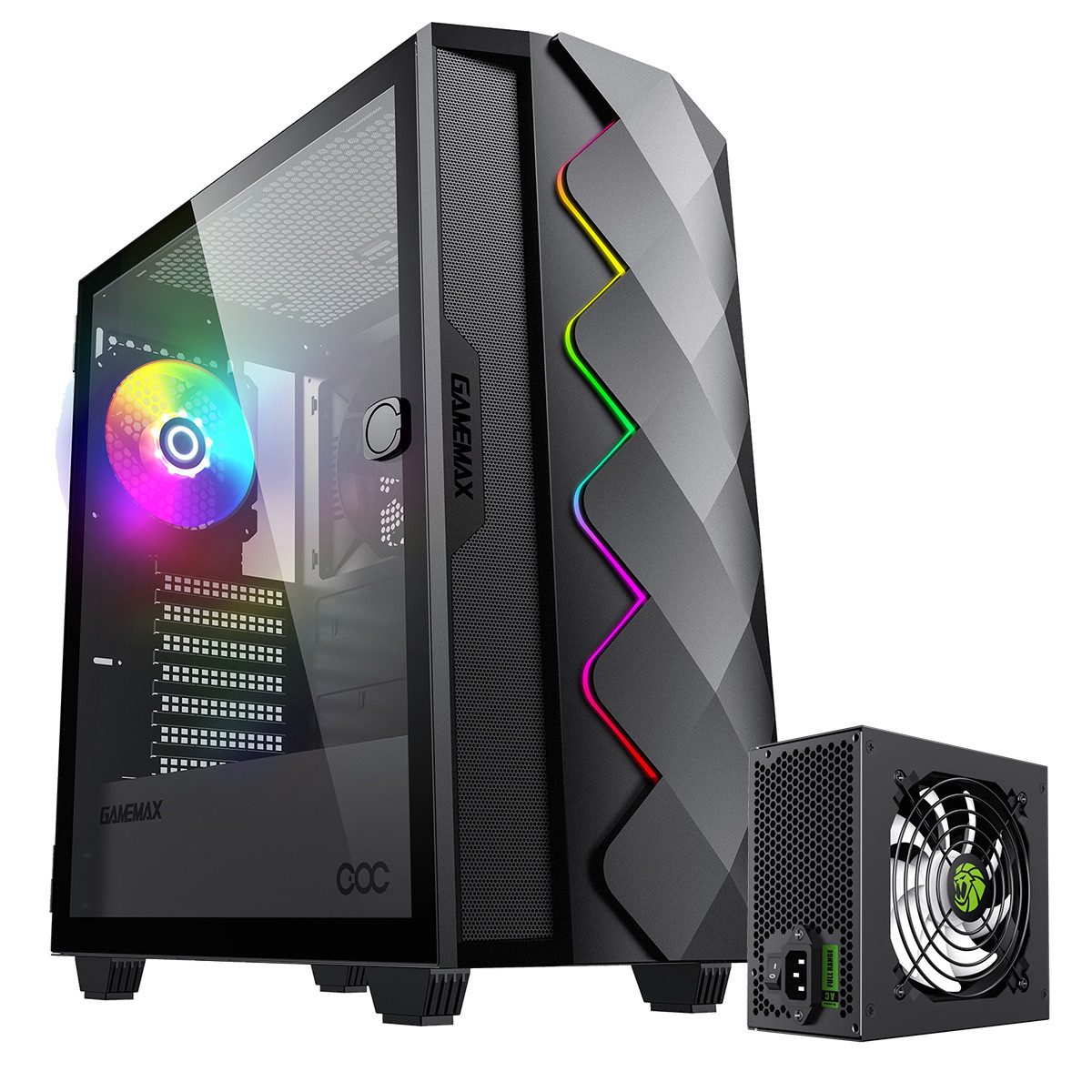 GAMEMAX Gaming-Gehäuse Diamond COC Midi-Tower 1x USB 3.0 + 1x USB 2.0, HD-Audio, (gehärtetes Glas), ATX; 14cm Turbo COC Lüfter; 400W 80+ Bronze Netzteil vorinstalliert