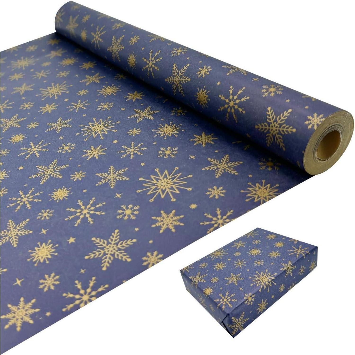 LuxusKollektion Geschenkpapier Blaues Weihnachtsgeschenkpapier mit goldener Schneeflocke, 43 cm x 15