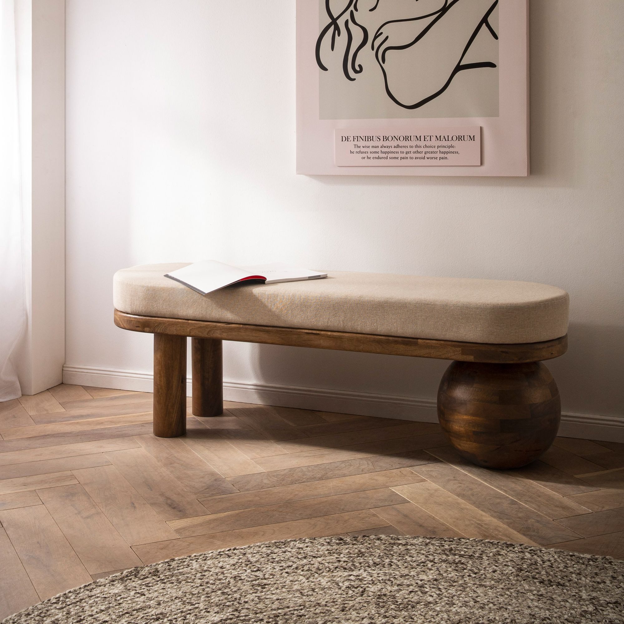 FINEBUY Sitzbank FB108544 Flurbank Stoff Holz Massiv 140 cm Polsterbank Bank Beige (Sitzbank Stoff Massivholz Bank 140x47,5x41,5 cm), 2er Stoffbank Flur, Flurbank Bettbank Klein