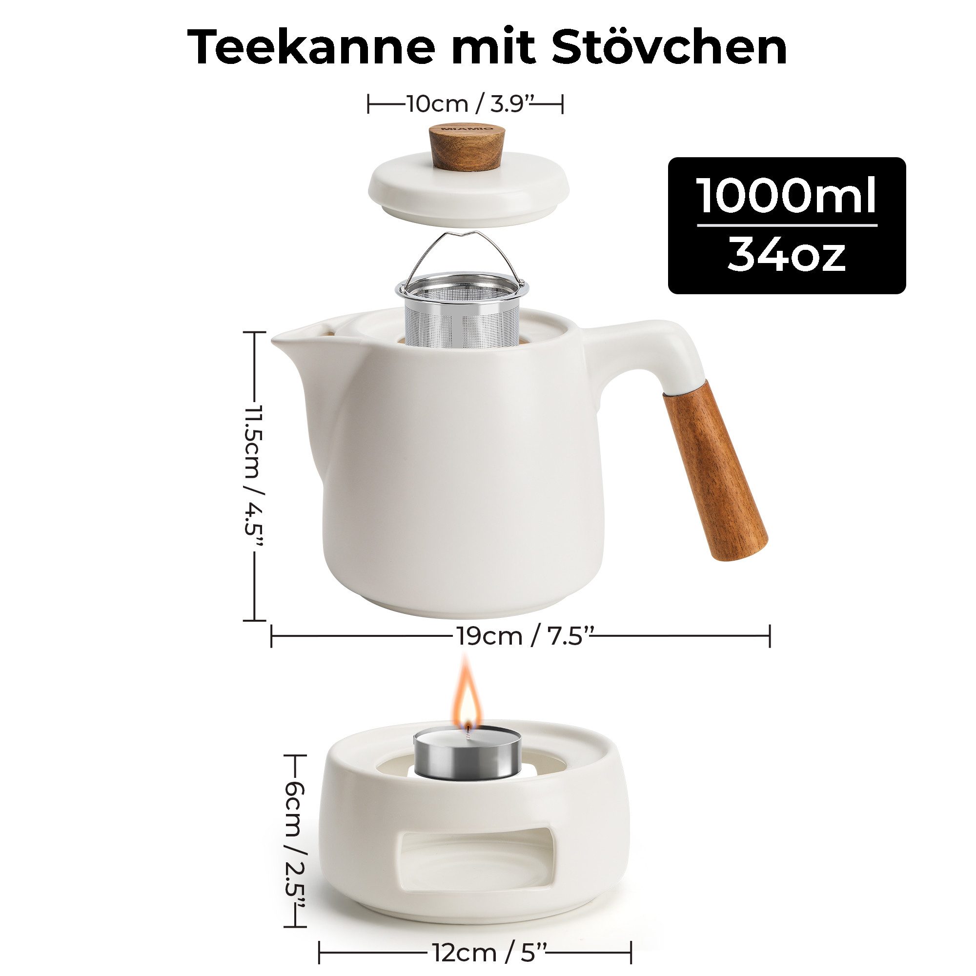 MiaMio Teeservice Teekanne mit Stövchen und Siebeinsatz, 1 l, Weiß (3-tlg), Keramik, mit Stövchen und Siebeinsatz, 1 l